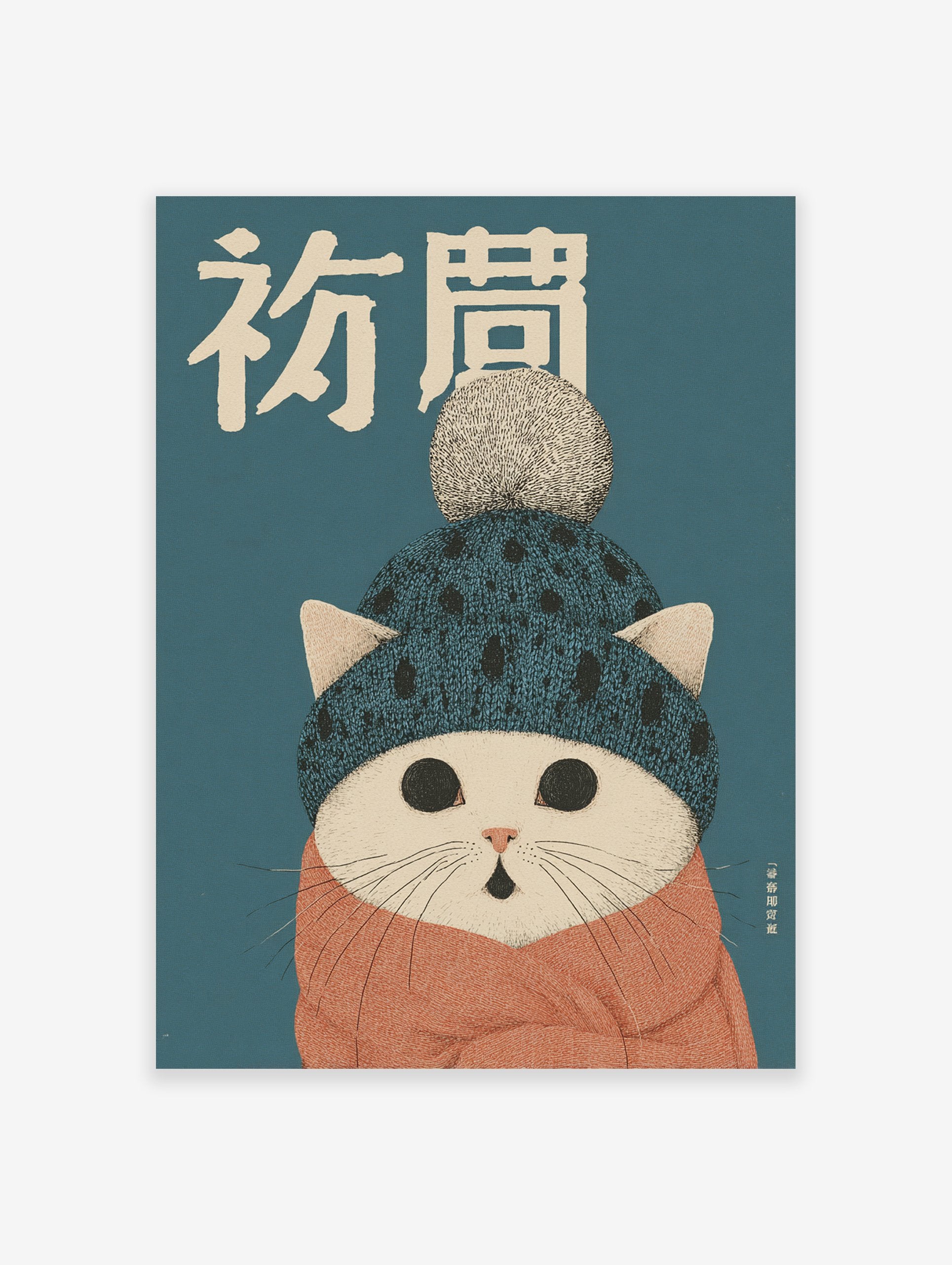 Cute white cat wearing a blue knitted beanie and orange scarf, with Japanese characters on a teal background. Cat Wall Art.