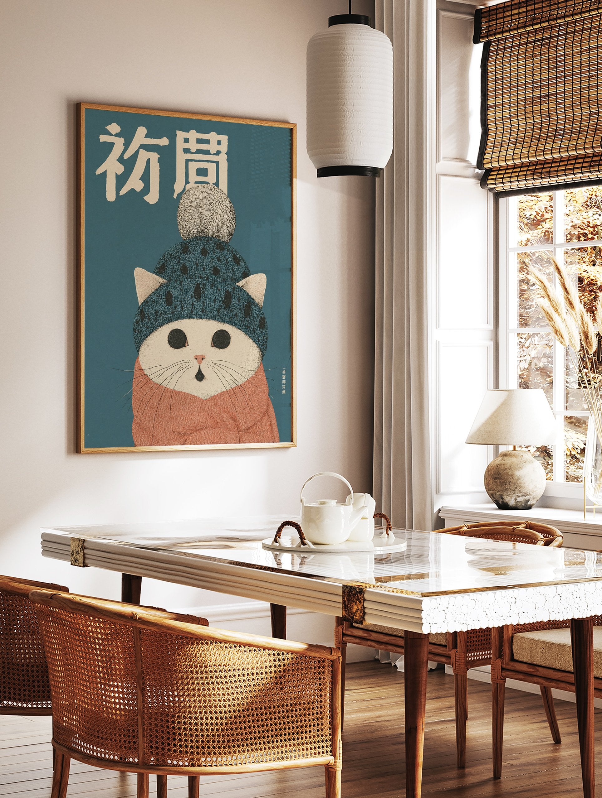 Cute white cat wearing a blue knitted beanie and orange scarf, with Japanese characters on a teal background. Cat Wall Art. - Image 2