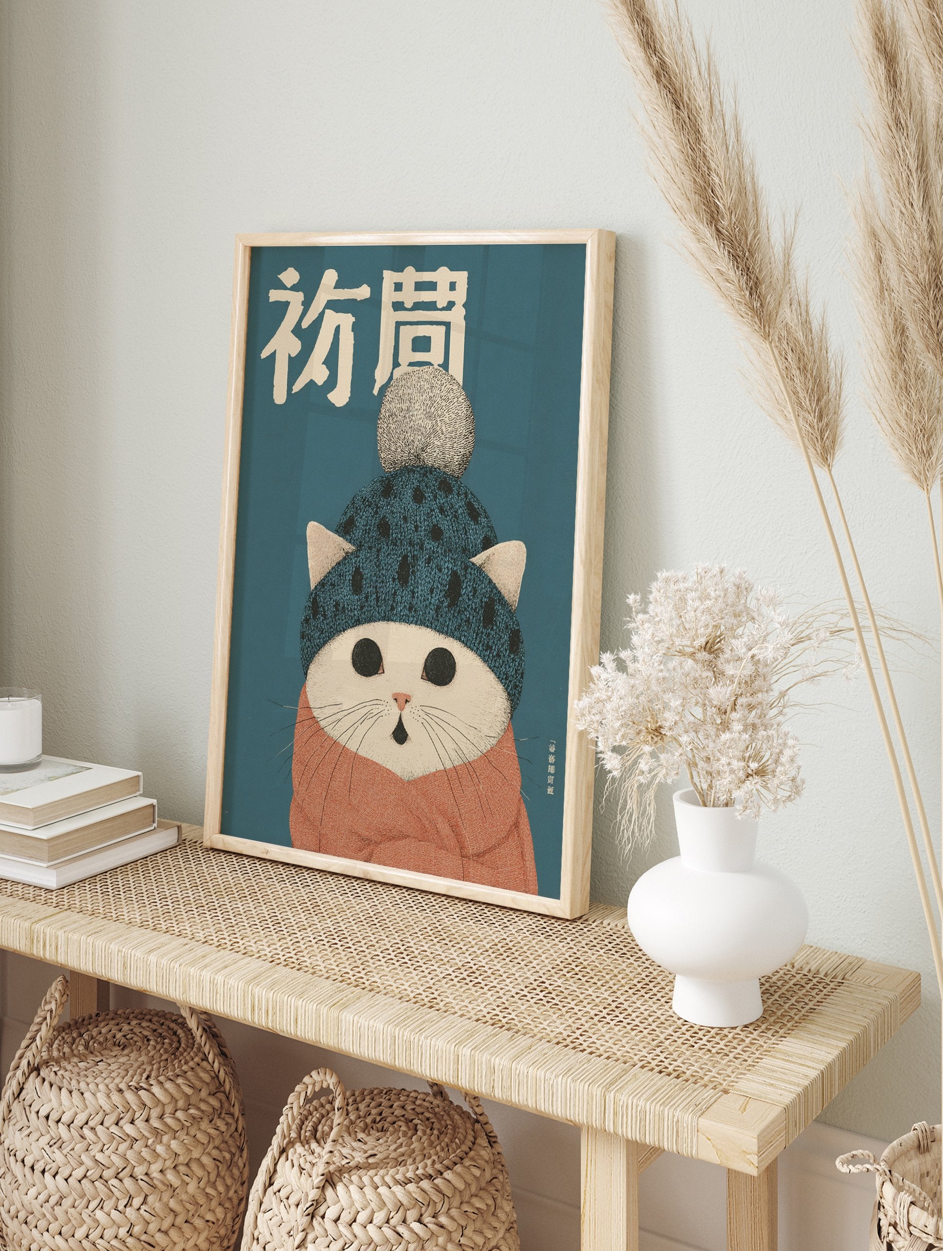 Cute white cat wearing a blue knitted beanie and orange scarf, with Japanese characters on a teal background. Cat Wall Art. - Image 3