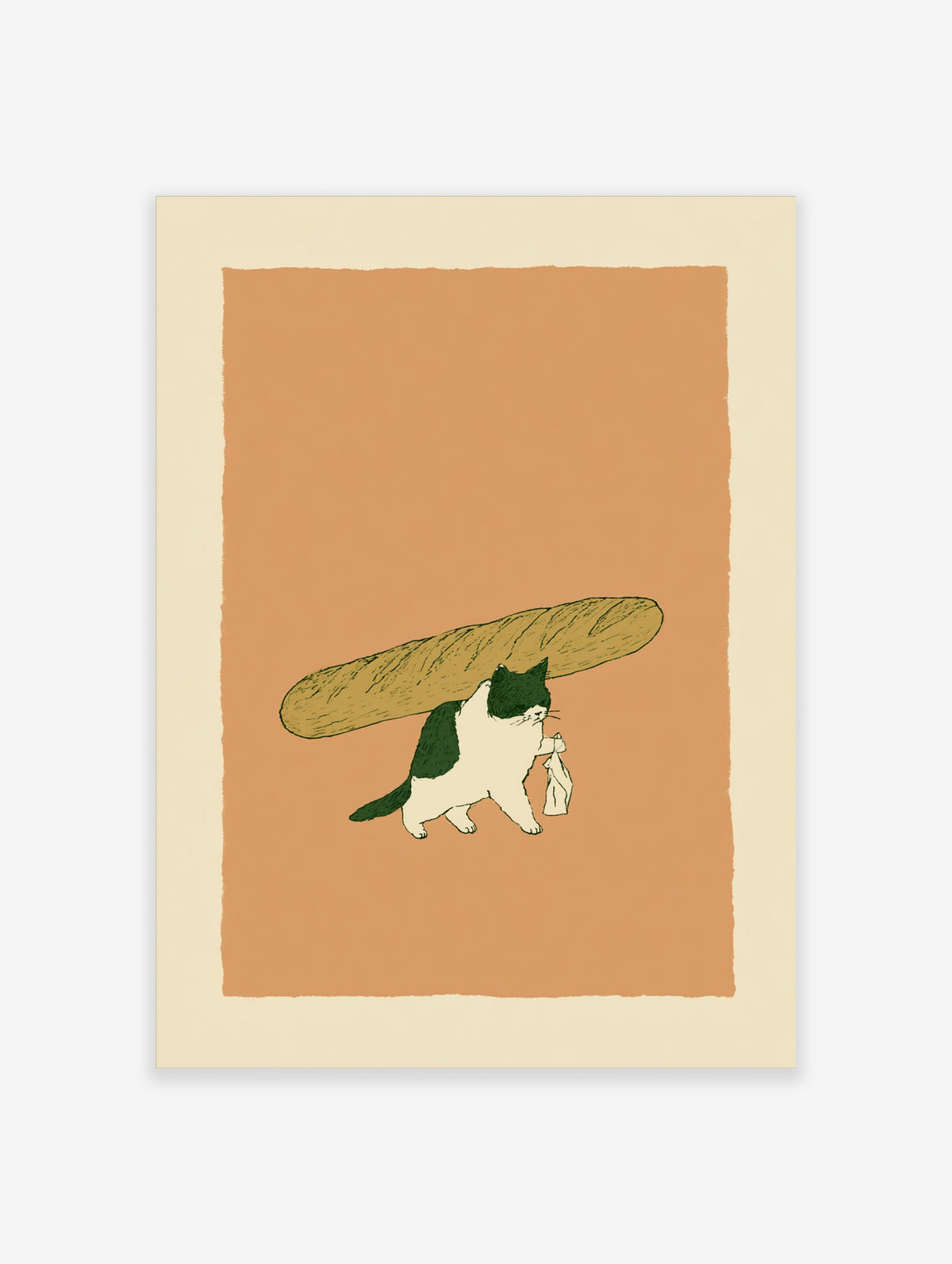 Illustration of a green and white cat carrying a baguette and paper bag on a terracotta background