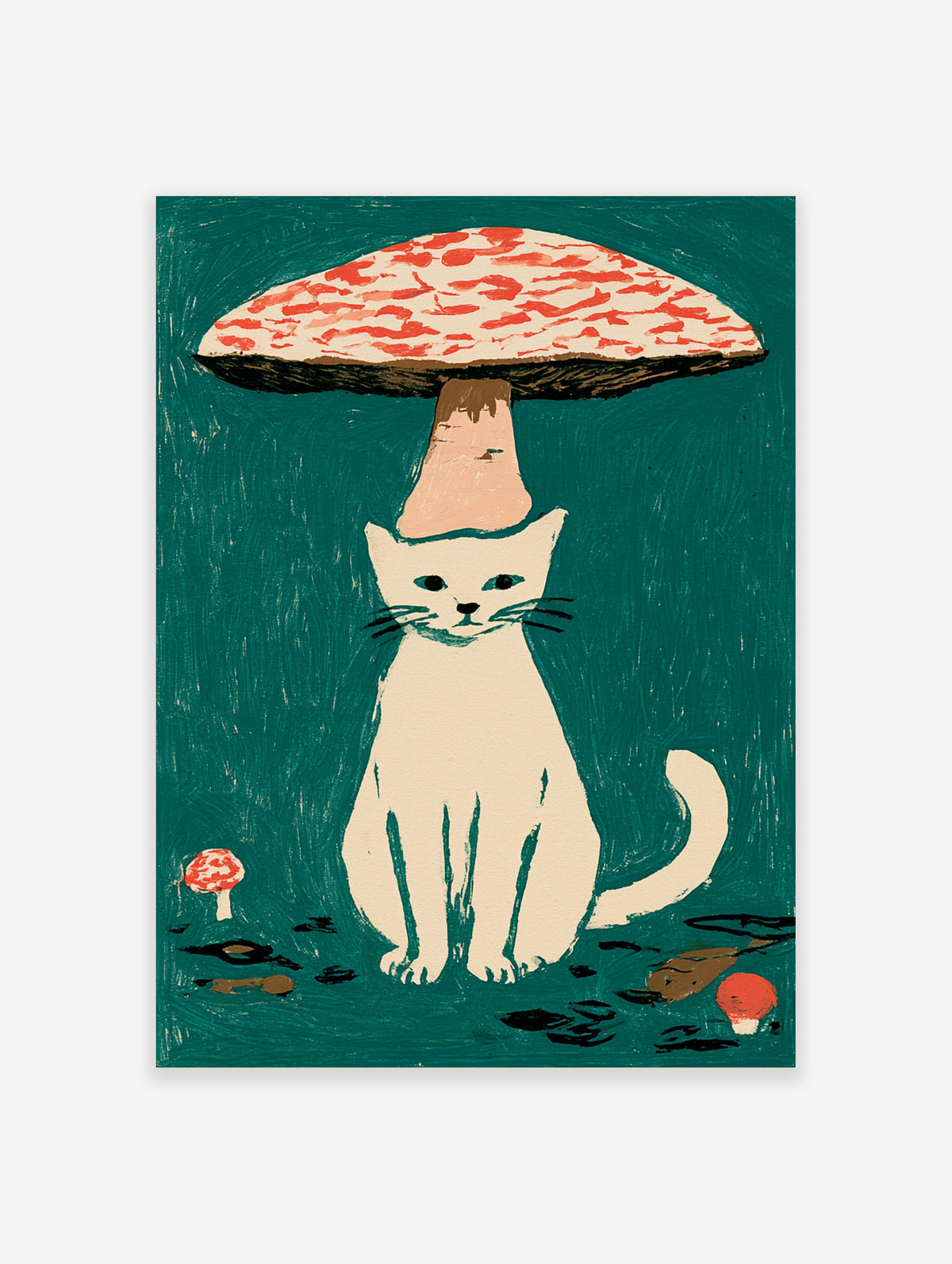 White cat with red mushroom hat sitting on teal background, whimsical animal art print