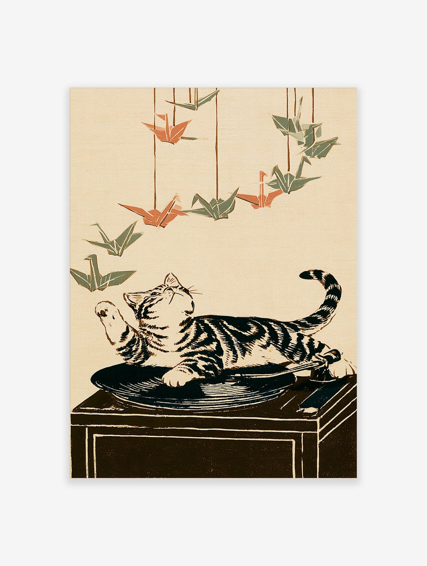 Tabby cat on gramophone reaching for origami cranes, beige background, Japanese style wall art print