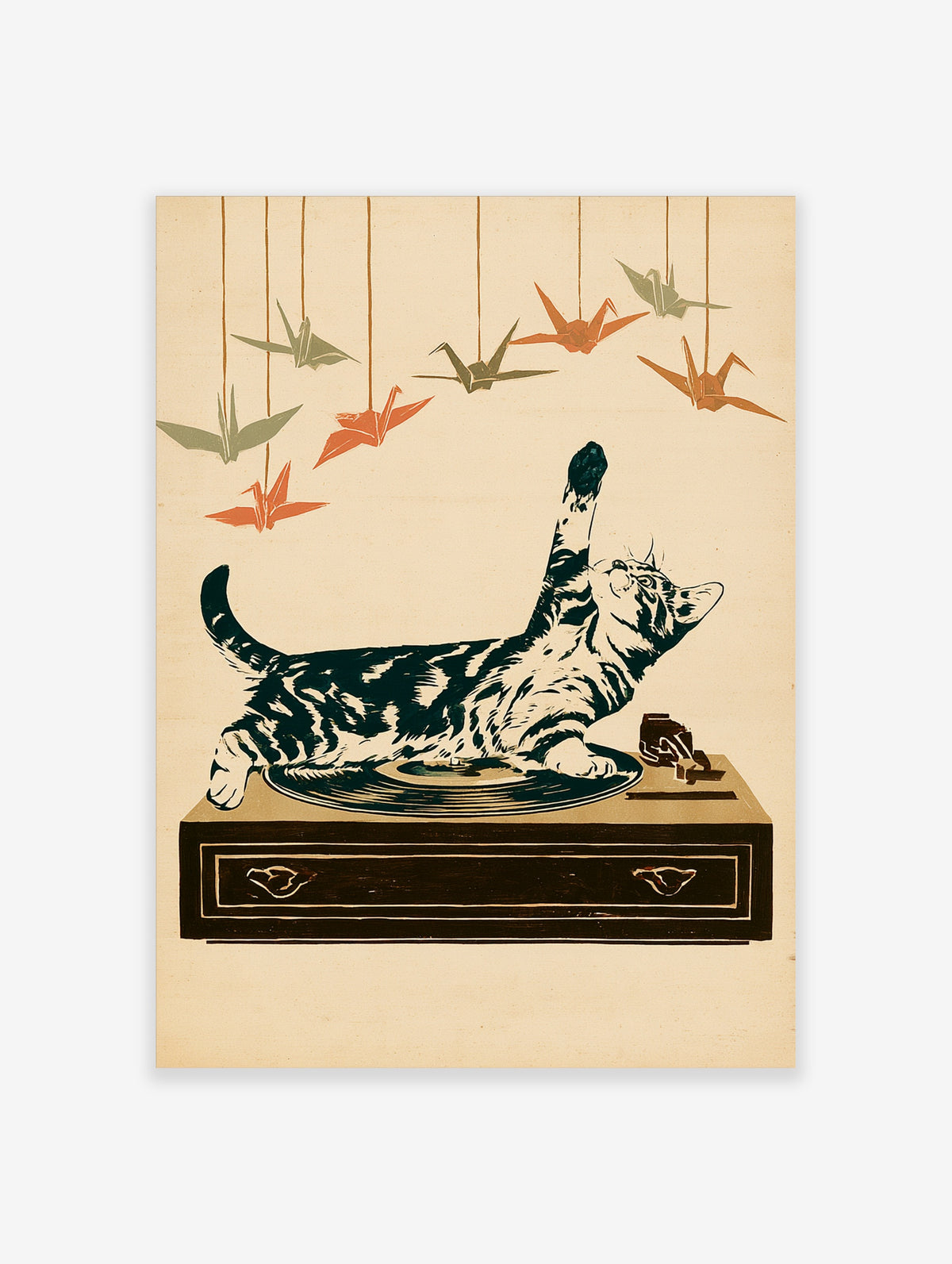 Cat on record player reaching for origami cranes, vintage illustration print