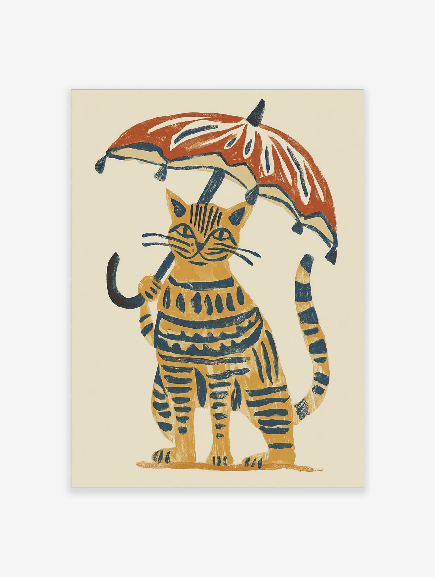 Yellow cat with navy stripes holding red and white umbrella, whimsical illustration on cream background