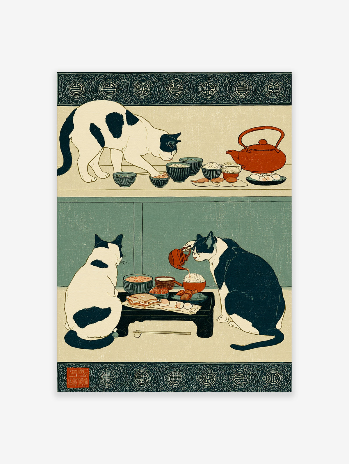 Cat wall art in Japanese woodblock style with two cats sharing a meal and a red teapot