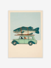 Illustrative print of black cat driving vintage car with orange and white cats, giant fish on roof rack