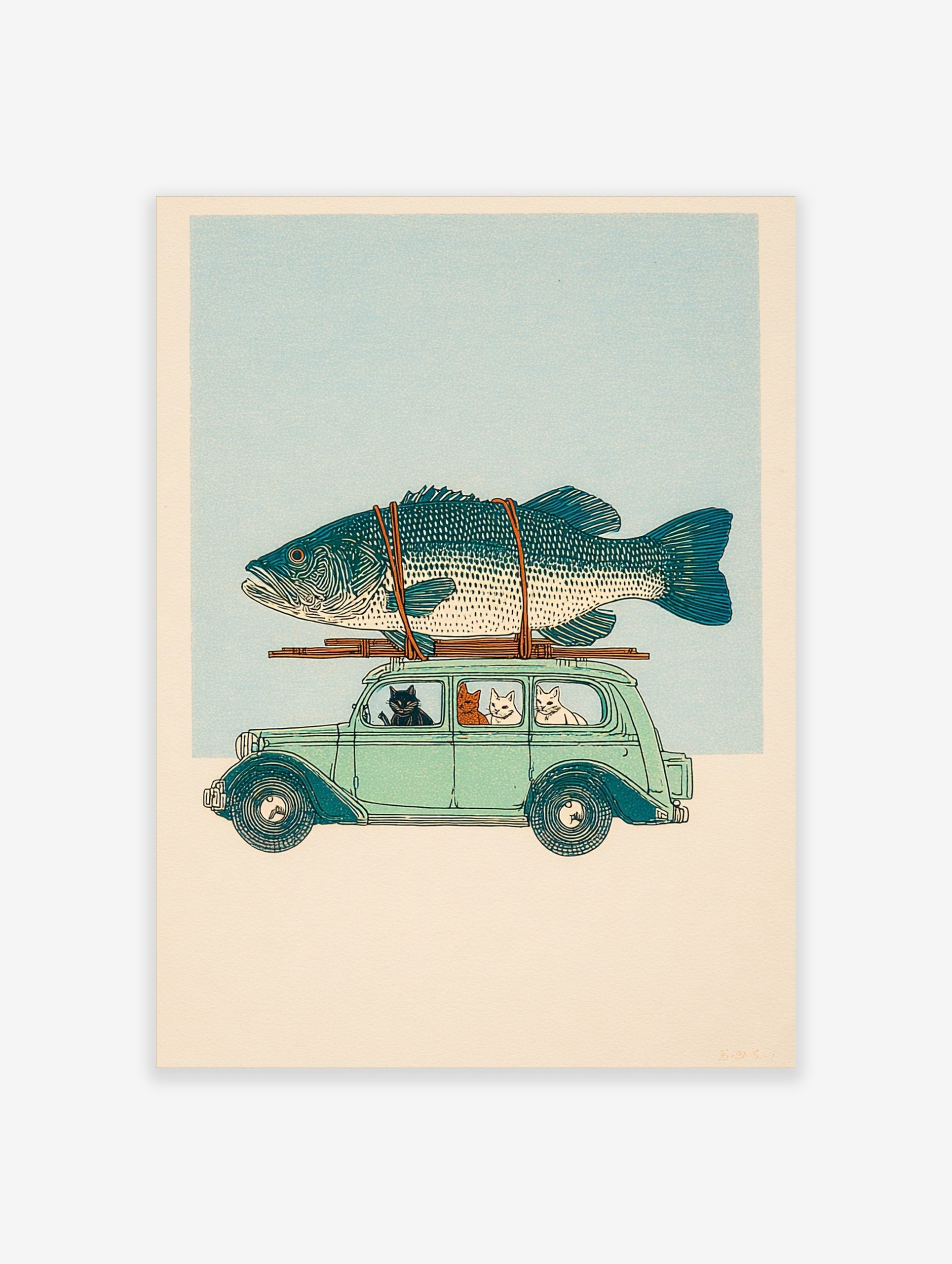 Illustrative print of cats driving a light green vintage car with a large teal fish on the roof