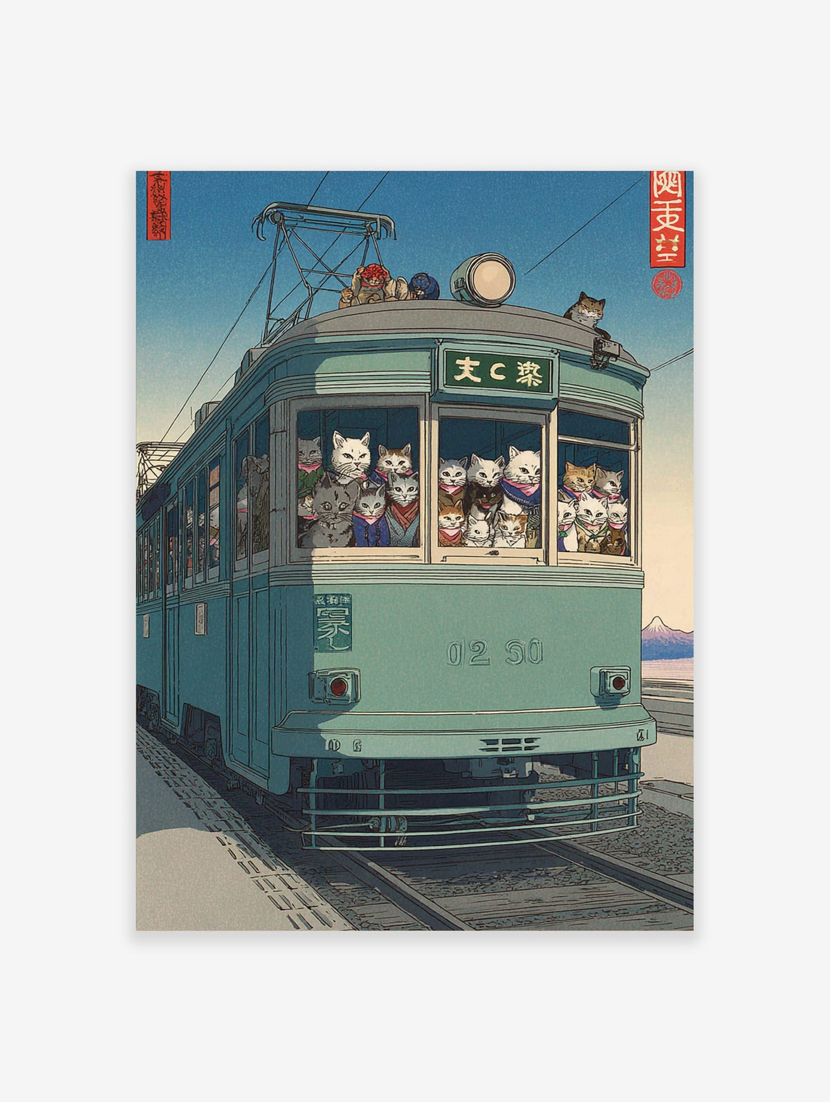 Japanese ukiyo-e style art print of cats riding a teal tram with distant mountain and blue sky