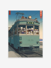 Japanese ukiyo-e style art print of cats riding a teal tram with distant mountain and blue sky