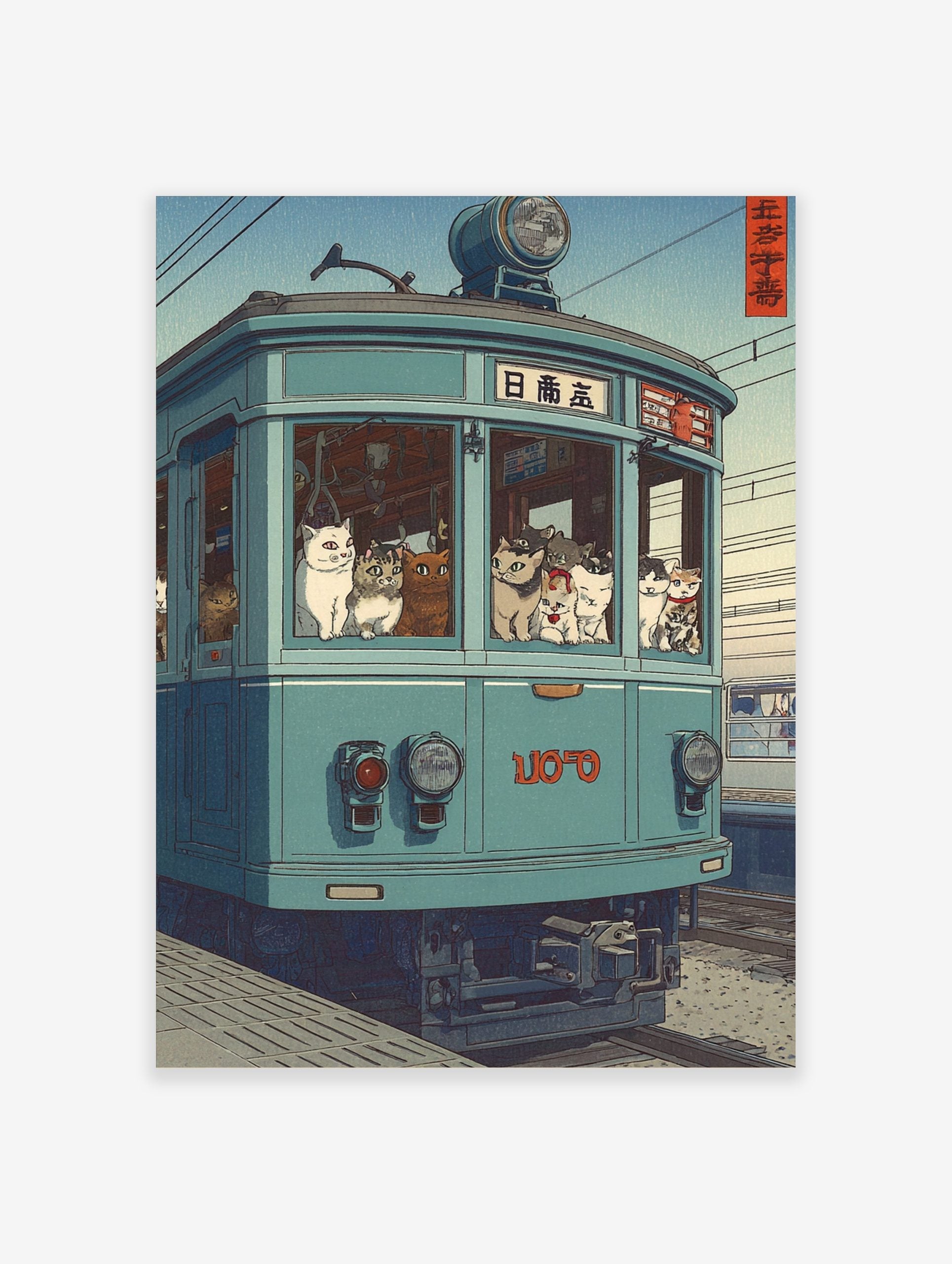 Illustrative print of numerous cats riding a teal-blue Japanese tram with visible Japanese text on the front