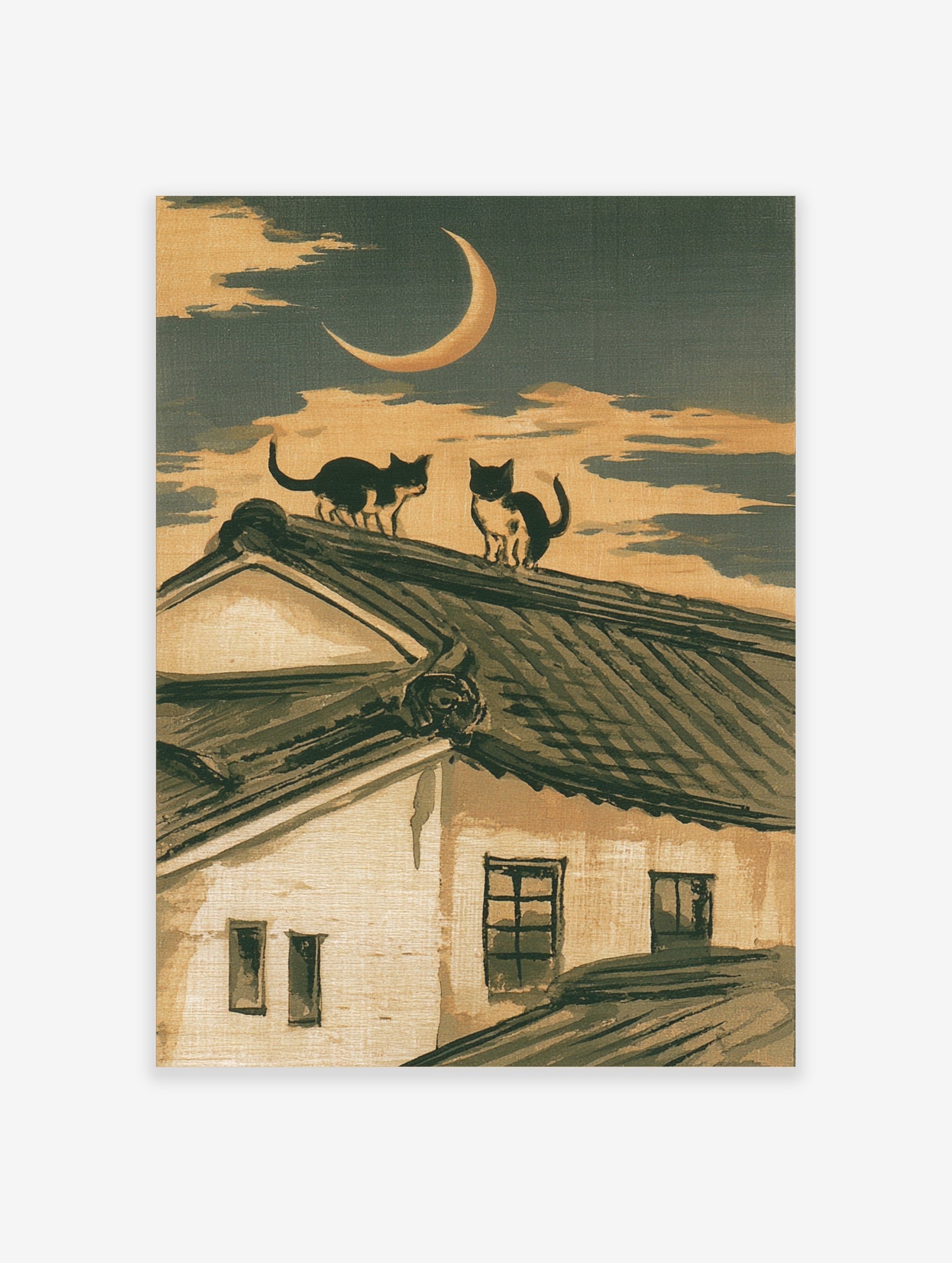 Two cats sitting on a traditional tiled roof under a crescent moon in an illustrative Japanese style art print