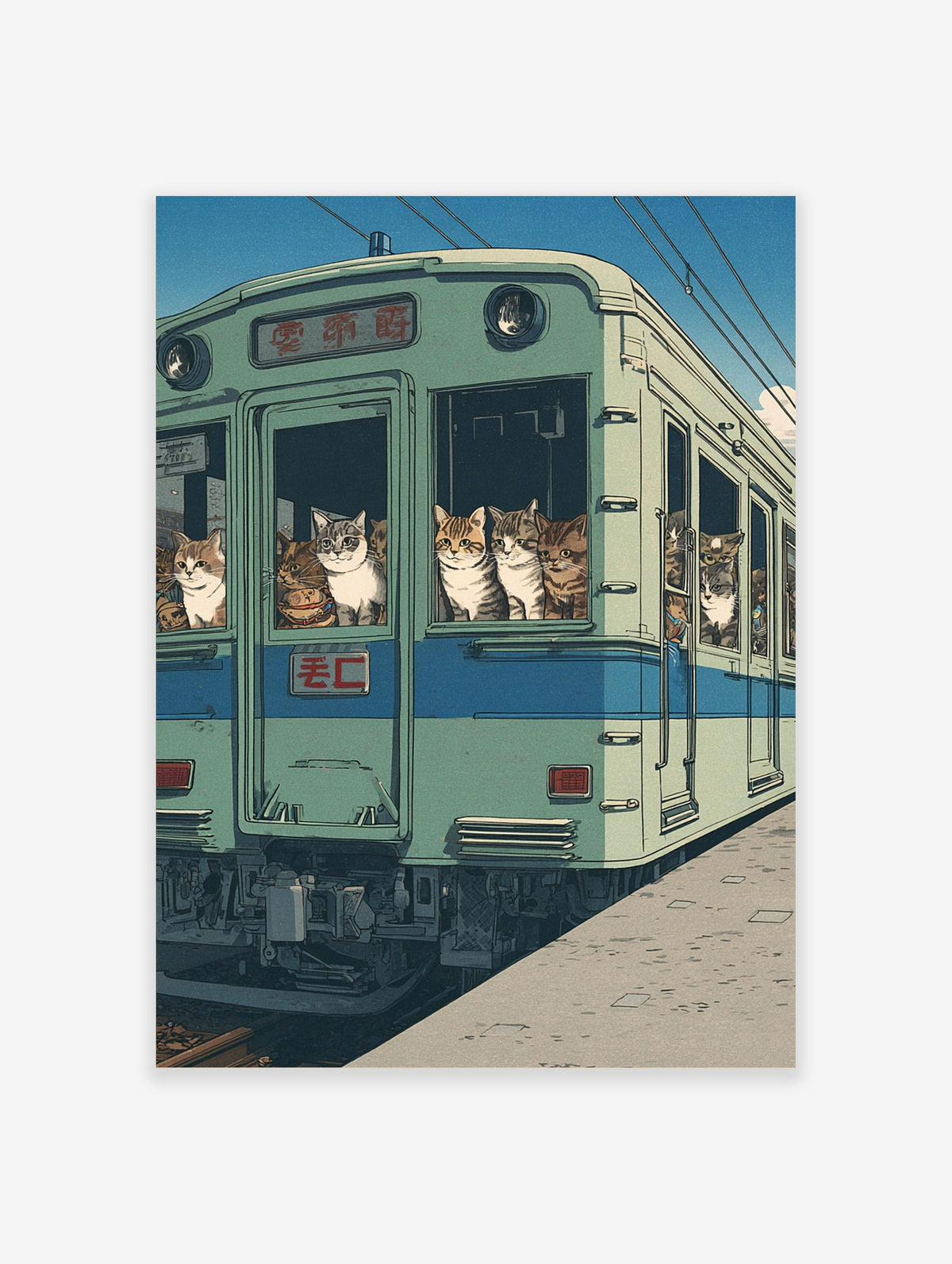 Illustrative art print of various cats looking out of the windows of a green Japanese train under a blue sky