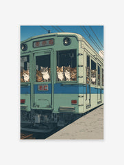 Illustrative art print of various cats looking out of the windows of a green Japanese train under a blue sky