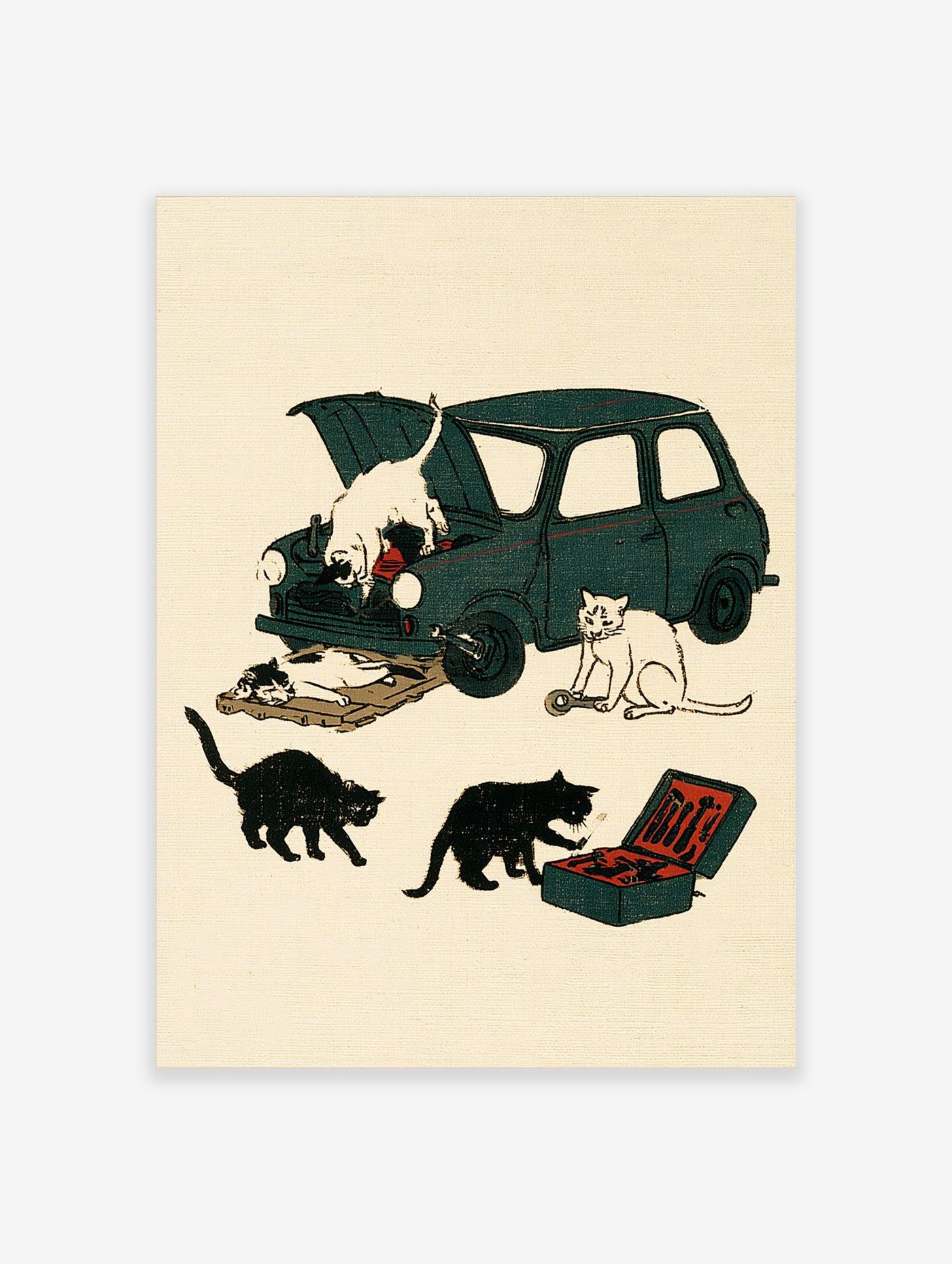 Vintage illustration of cats repairing a dark green car, with toolbox and spanners, on cream background