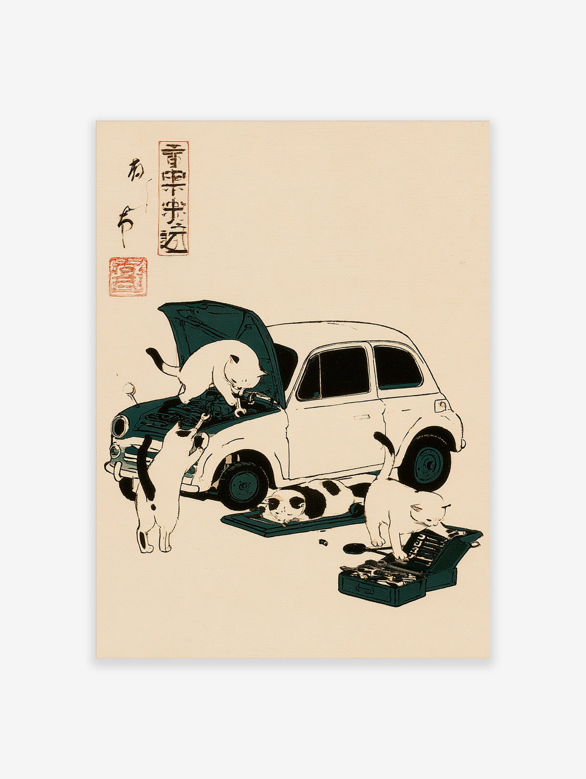 Cats repairing a white car in vintage Japanese style with kanji calligraphy on cream background