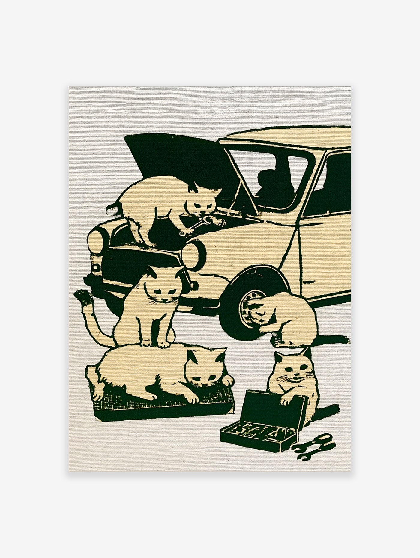 Cats repairing a car: one on bonnet with spanner, another at wheel, toolbox open, retro two-tone illustration