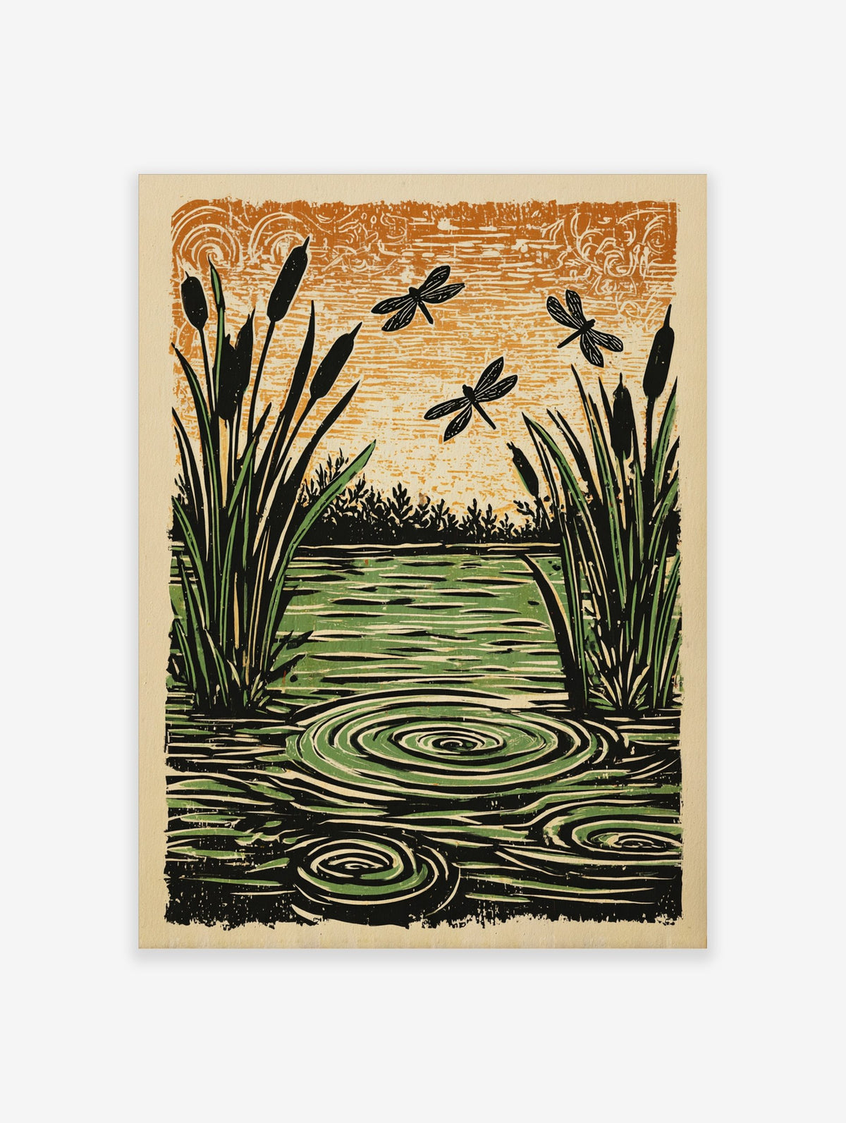 Linocut print of a pond scene with black cattails, green water with ripples, three black dragonflies, and an orange sky