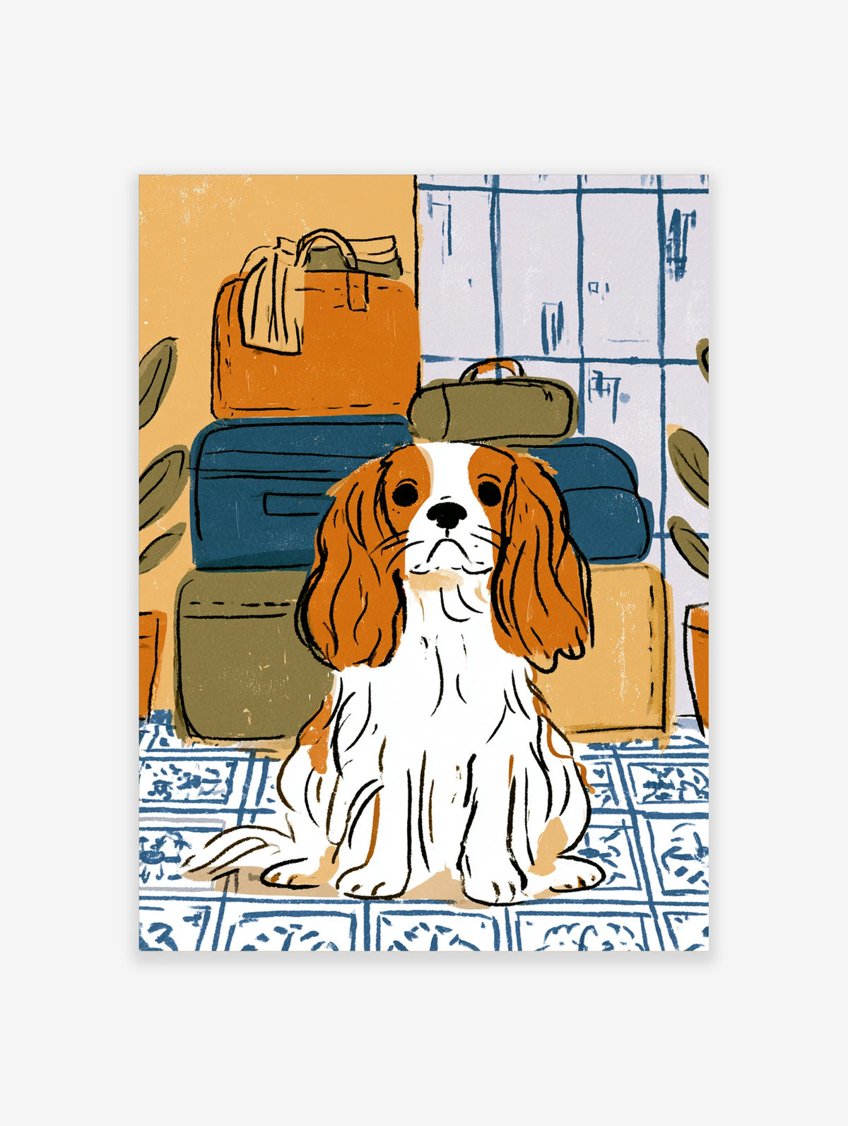 Cavalier King Charles Spaniel sitting before stacked suitcases and blue tiled wall, illustrated poster