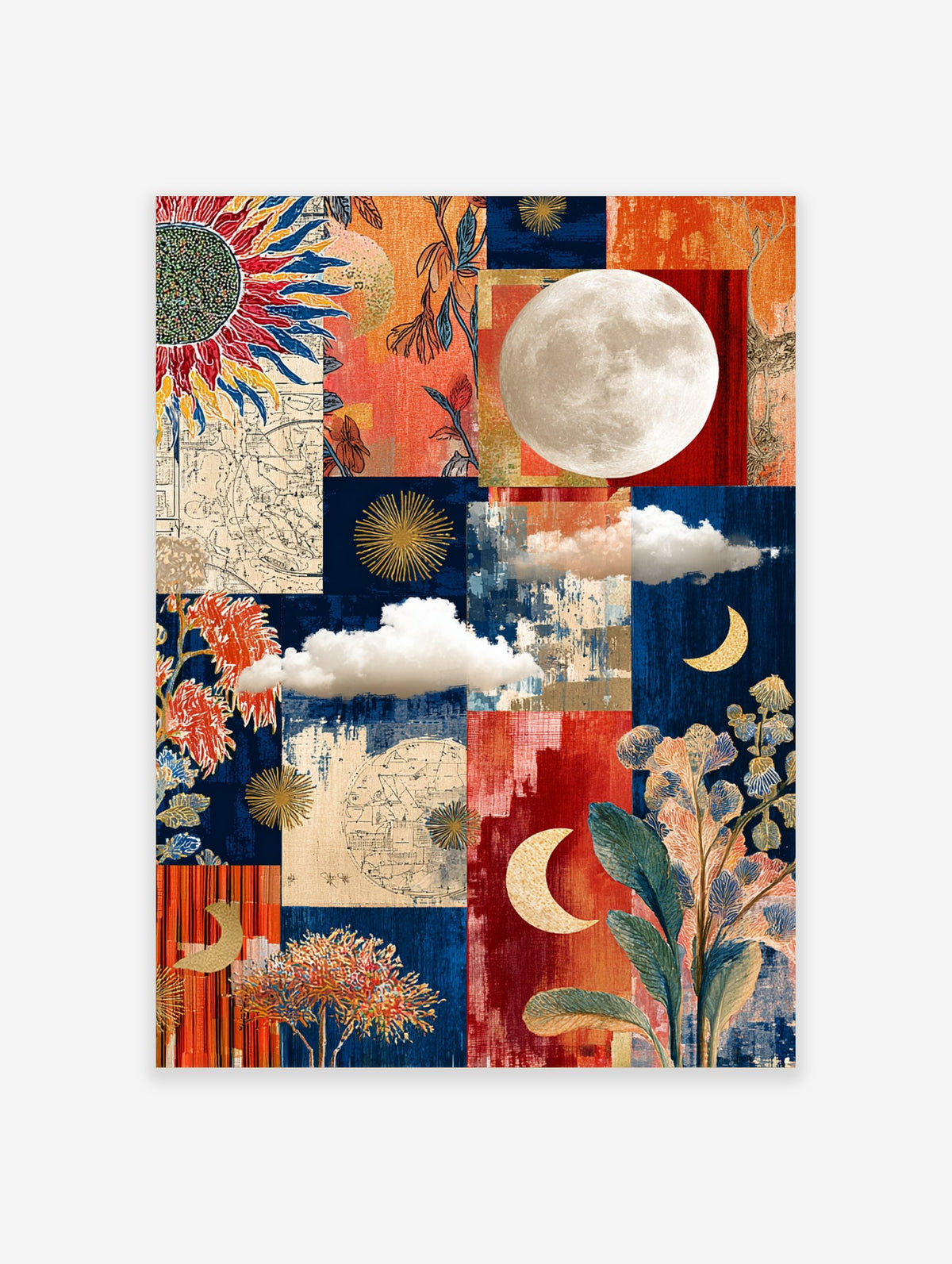 Collage wall art with full moon, crescent moons, sunflower, plants, and map fragments on blue and orange textured panels