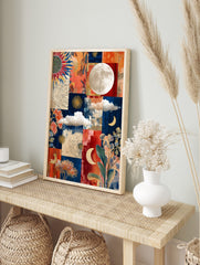 Collage wall art with full moon, crescent moons, sunflower, plants, and map fragments on blue, in an alternate framed mockup