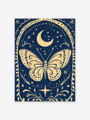 Illustrative celestial butterfly wall art with crescent moon, stars, and ornate border on a deep blue background