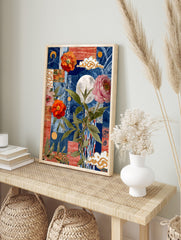 Collage art print with orange and pink flowers, full moon, green leaves, gold clouds, and, in an alternate framed mockup