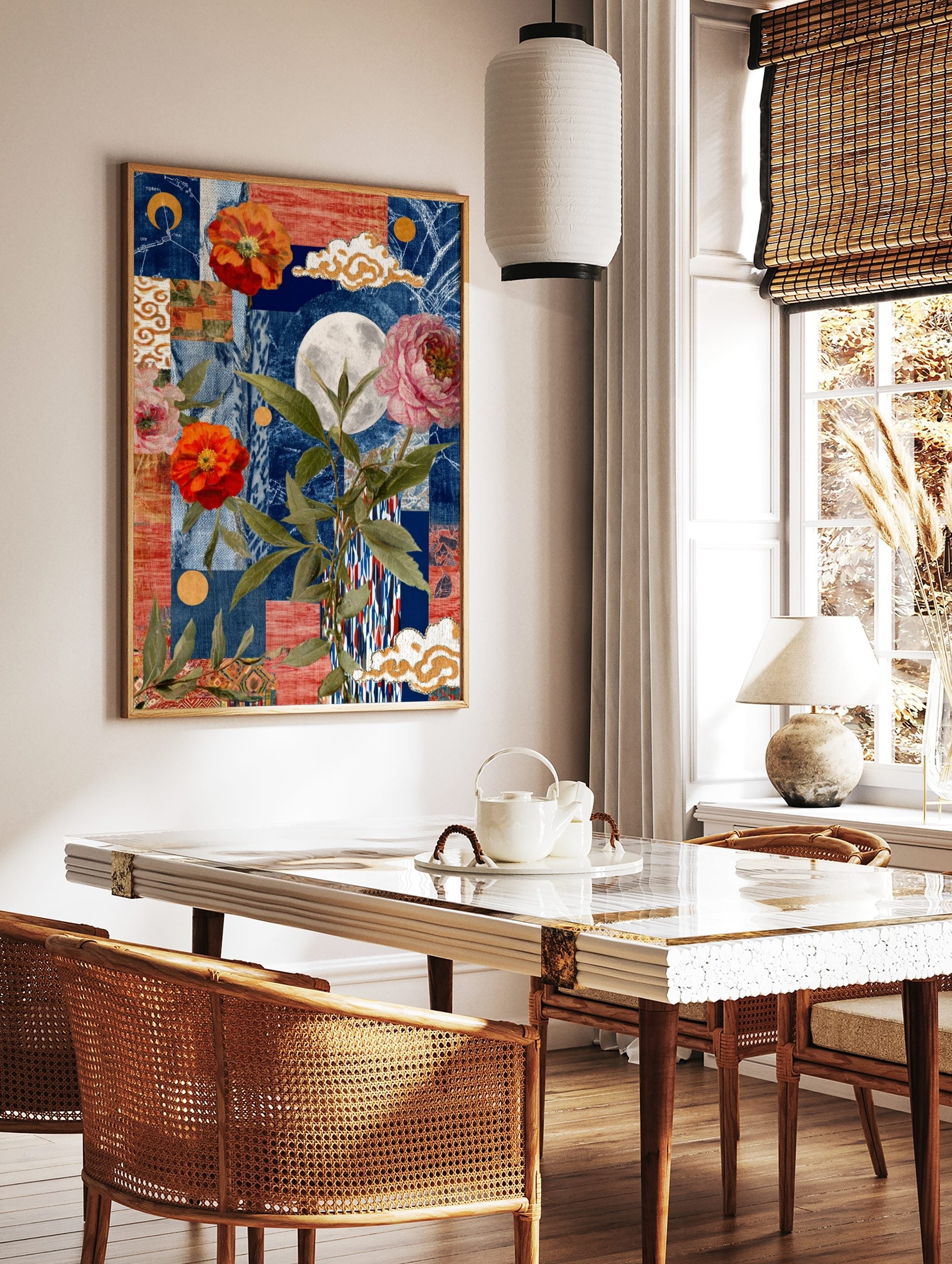 Collage art print with orange and pink flowers, full moon, green leaves, gold clouds, and blue/red, in a styled room mockup