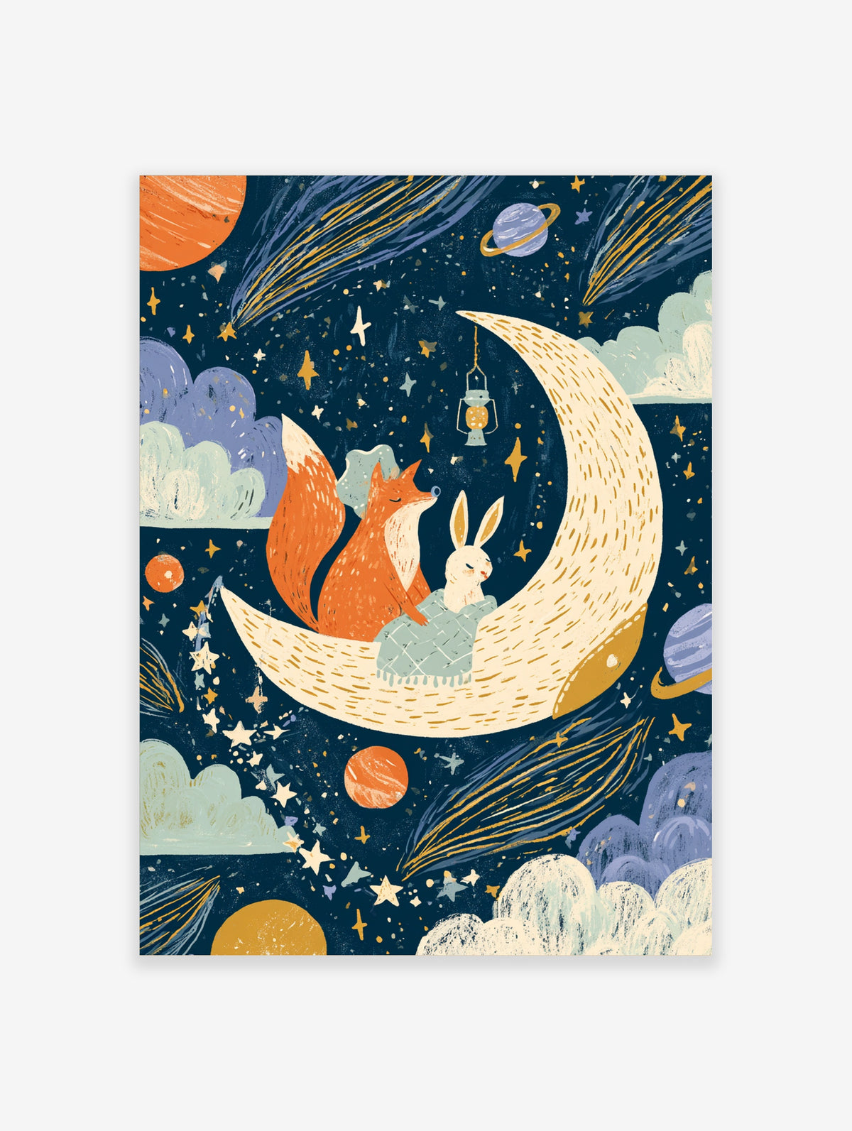 Celestial fox and rabbit on crescent moon with lantern and stars, navy sky art print