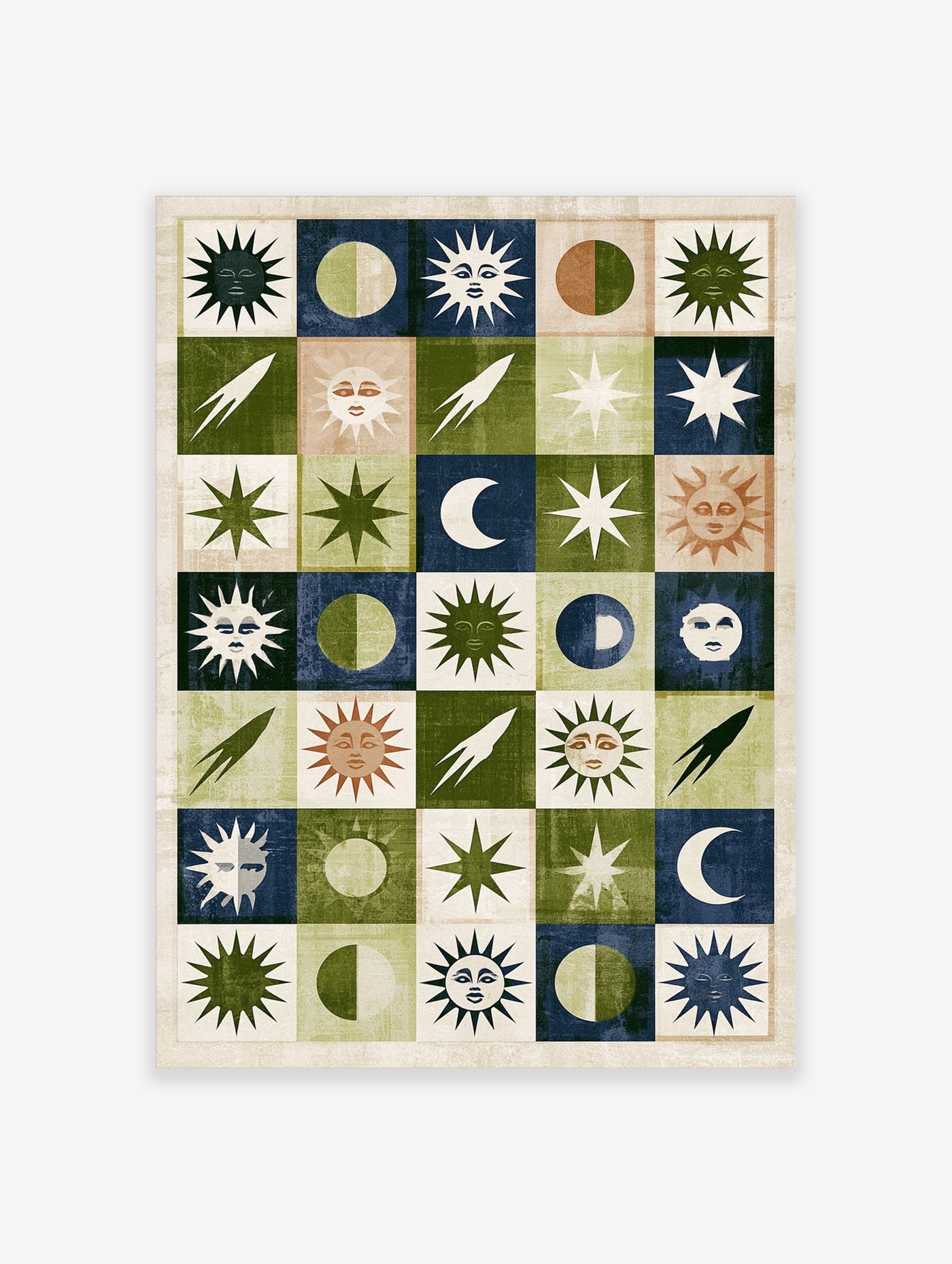 Retro celestial grid art print with suns, moons, stars, and comets in navy, green, and cream on a paper background