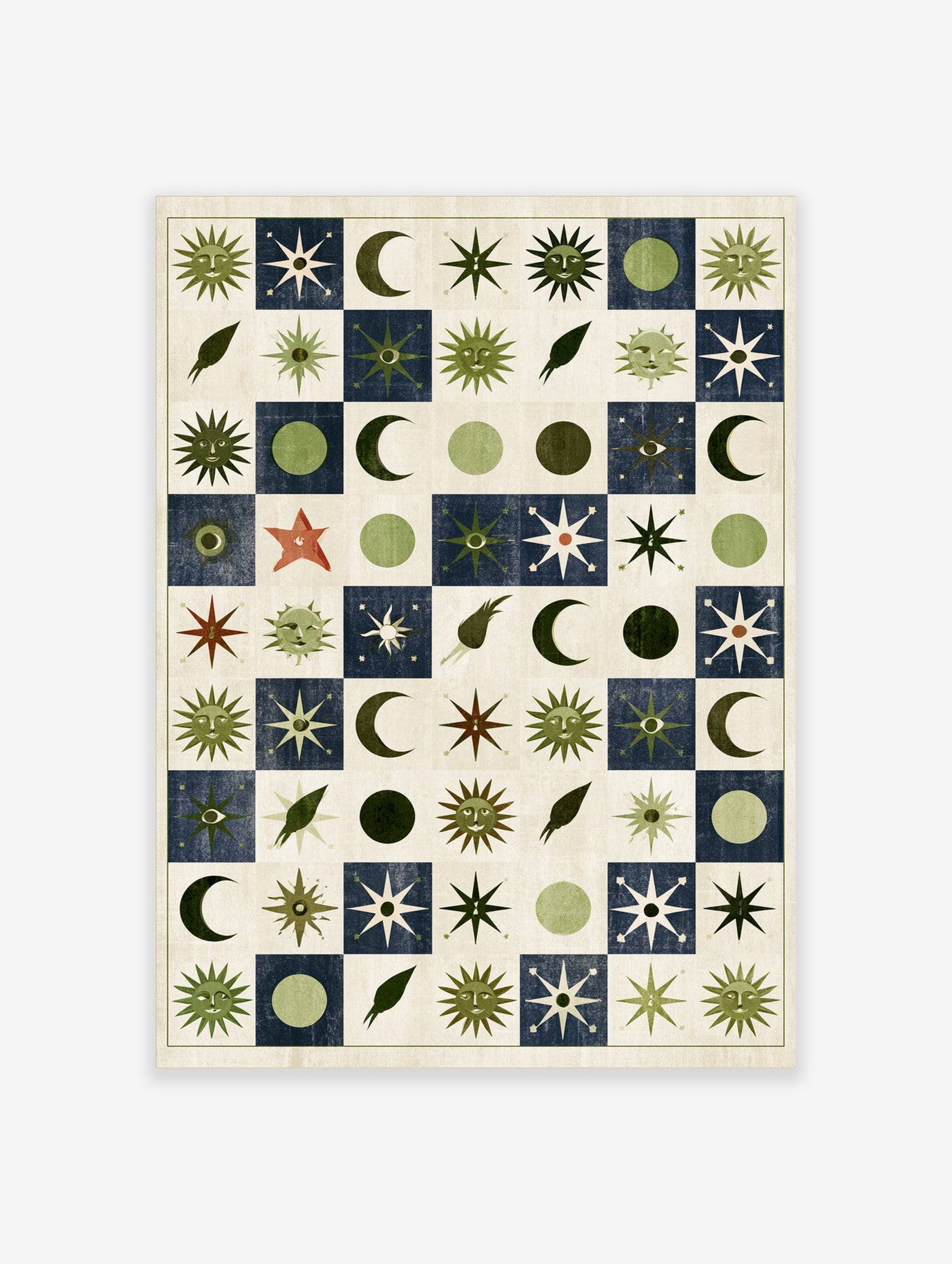 Celestial grid wall art featuring sun faces, moon phases, and star illustrations on navy and cream squares