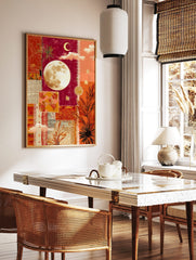 Mixed media collage wall art with a full moon, crescent, stars, and botanical elements in red and, in a styled room mockup