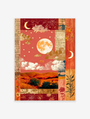 Vintage collage wall art with full moon, crescent moons, golden clouds, red sky, and rolling hills landscape