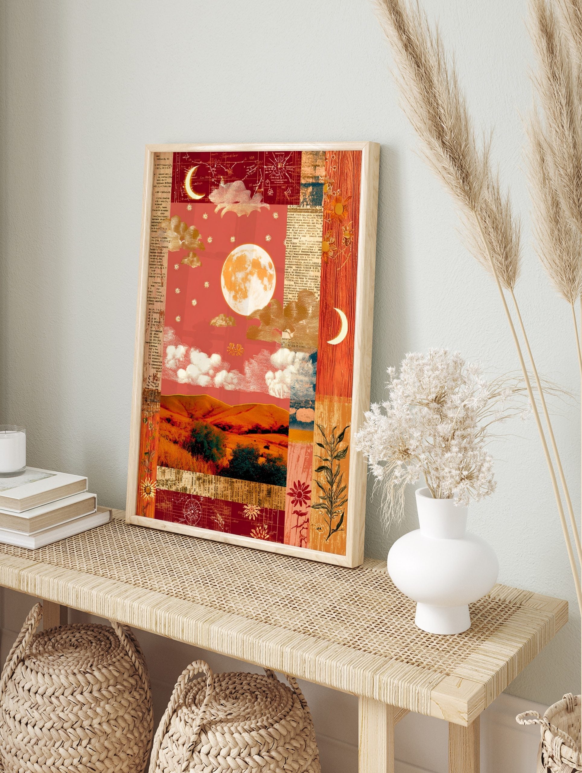 Vintage collage wall art with full moon, crescent moons, golden clouds, red sky, and rolling, in an alternate framed mockup