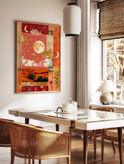 Vintage collage wall art with full moon, crescent moons, golden clouds, red sky, and rolling hills, in a styled room mockup
