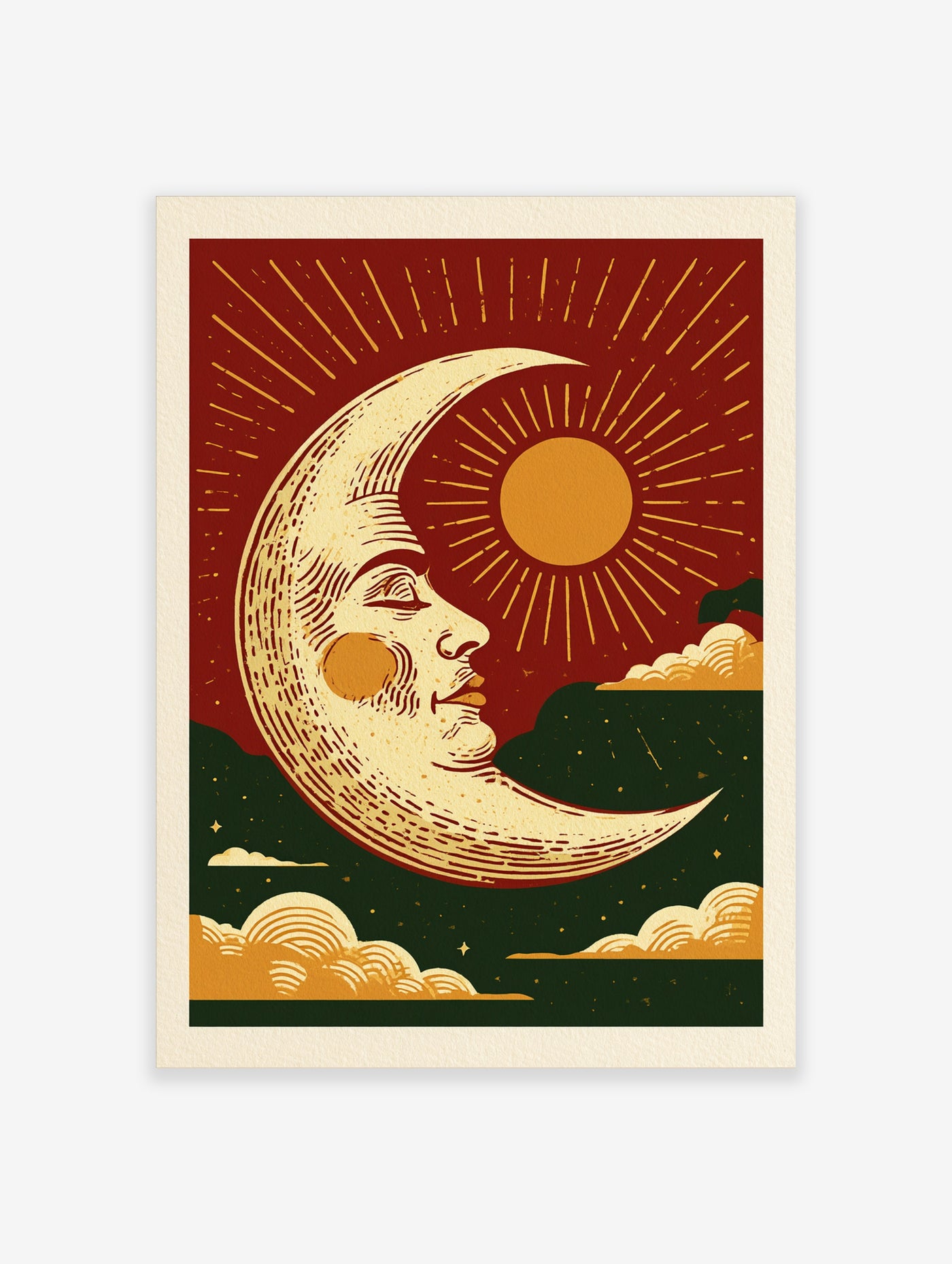 Vintage style celestial wall art print featuring a crescent moon face, radiant sun, and clouds on a deep red background