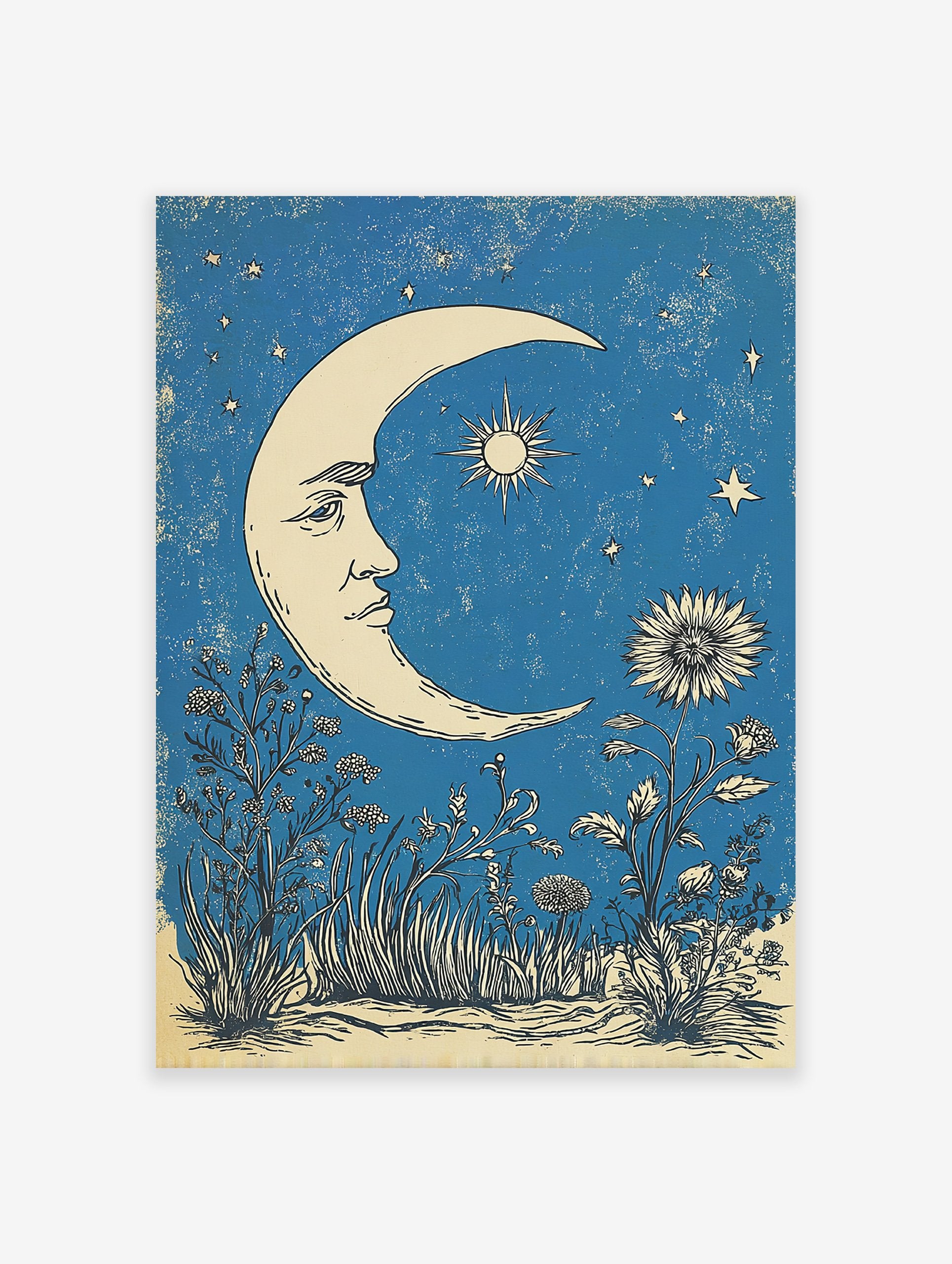 Celestial moon poster with a face, sun star, and flowers against a textured blue night sky with stars.