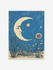 Celestial moon poster with a face, sun star, and flowers against a textured blue night sky with stars.