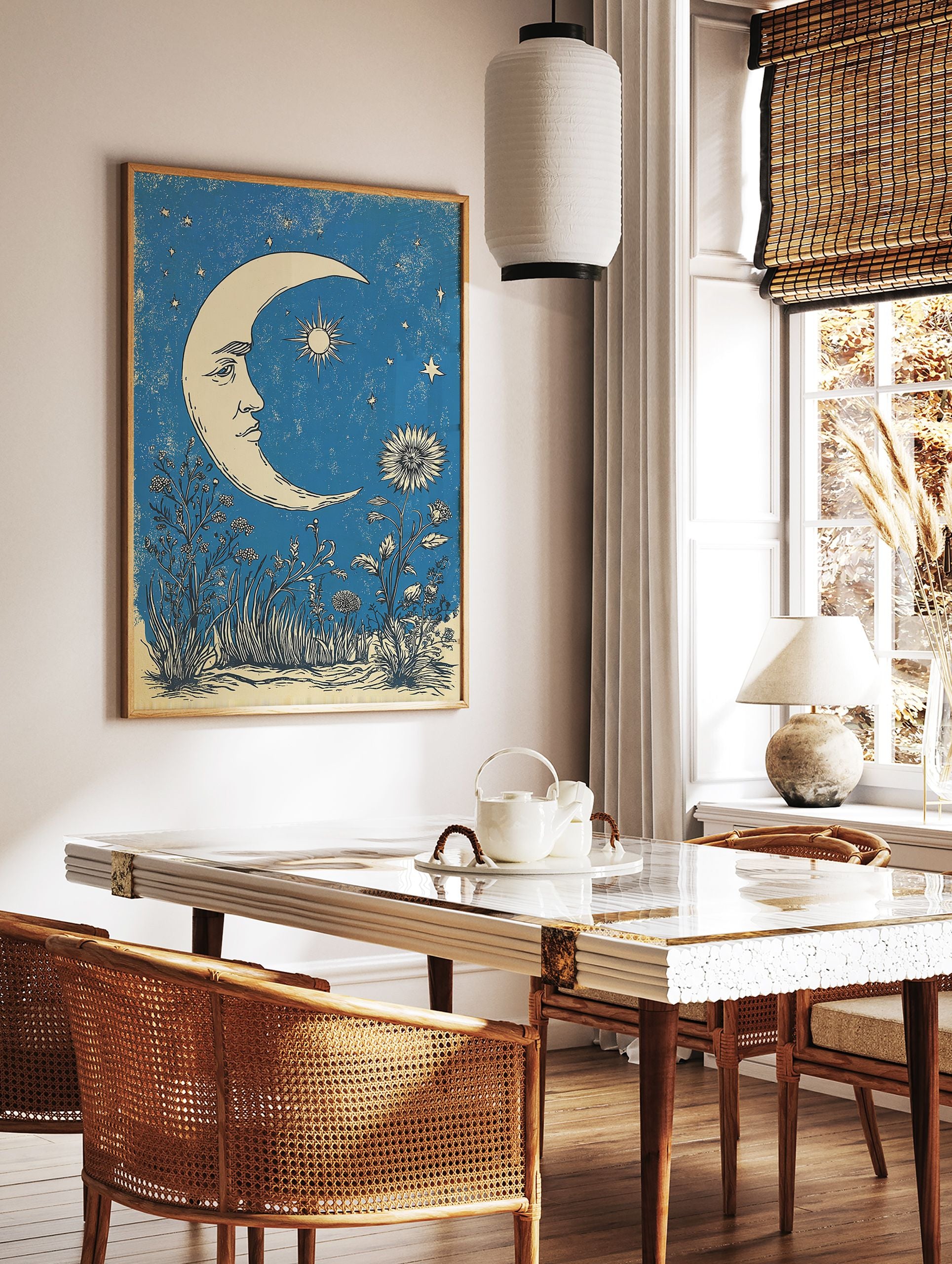 Celestial moon poster with a face, sun star, and flowers against a textured blue night sky with stars. - Image 2