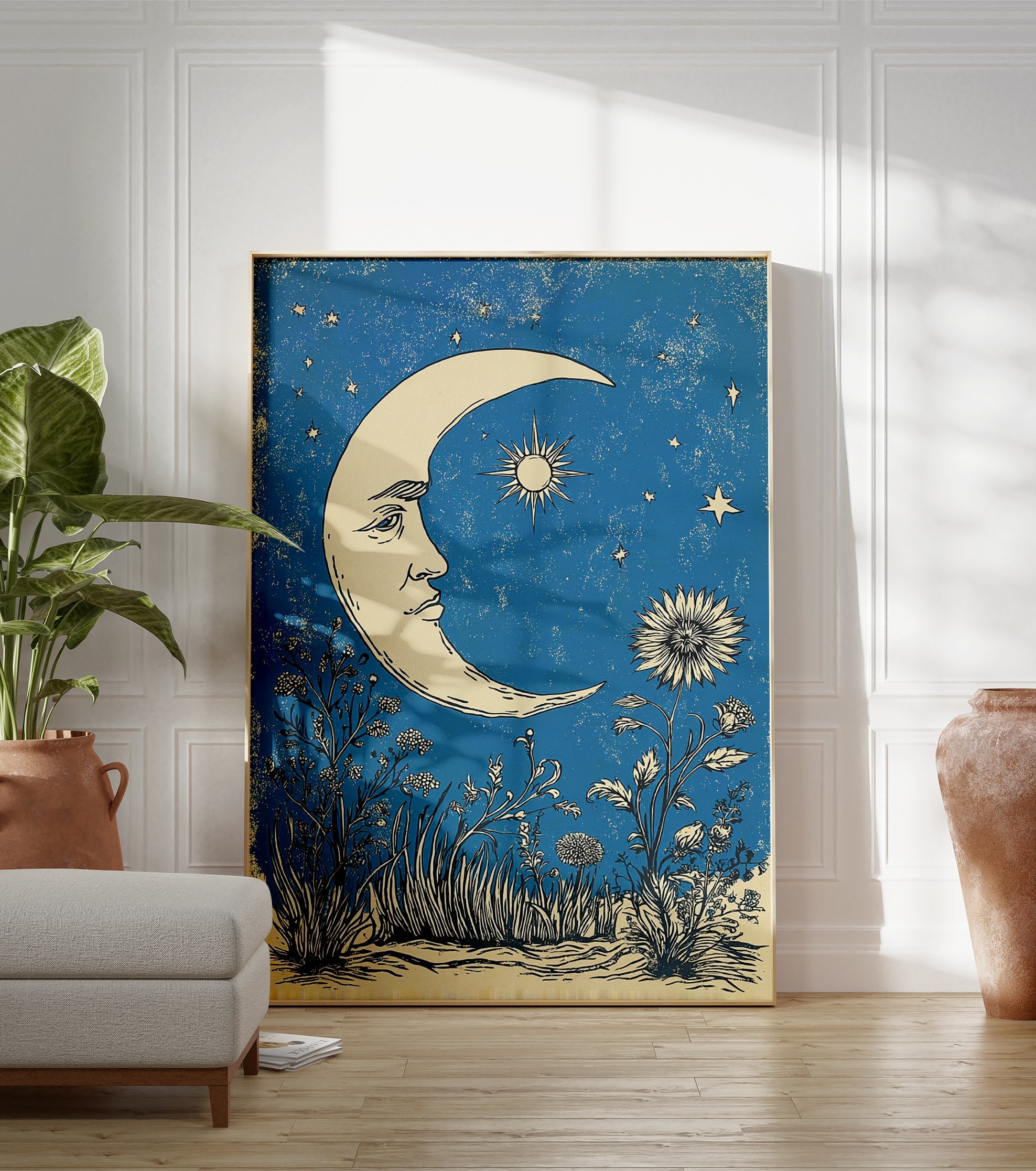 Celestial moon poster with a face, sun star, and flowers against a textured blue night sky with stars. - Image 3