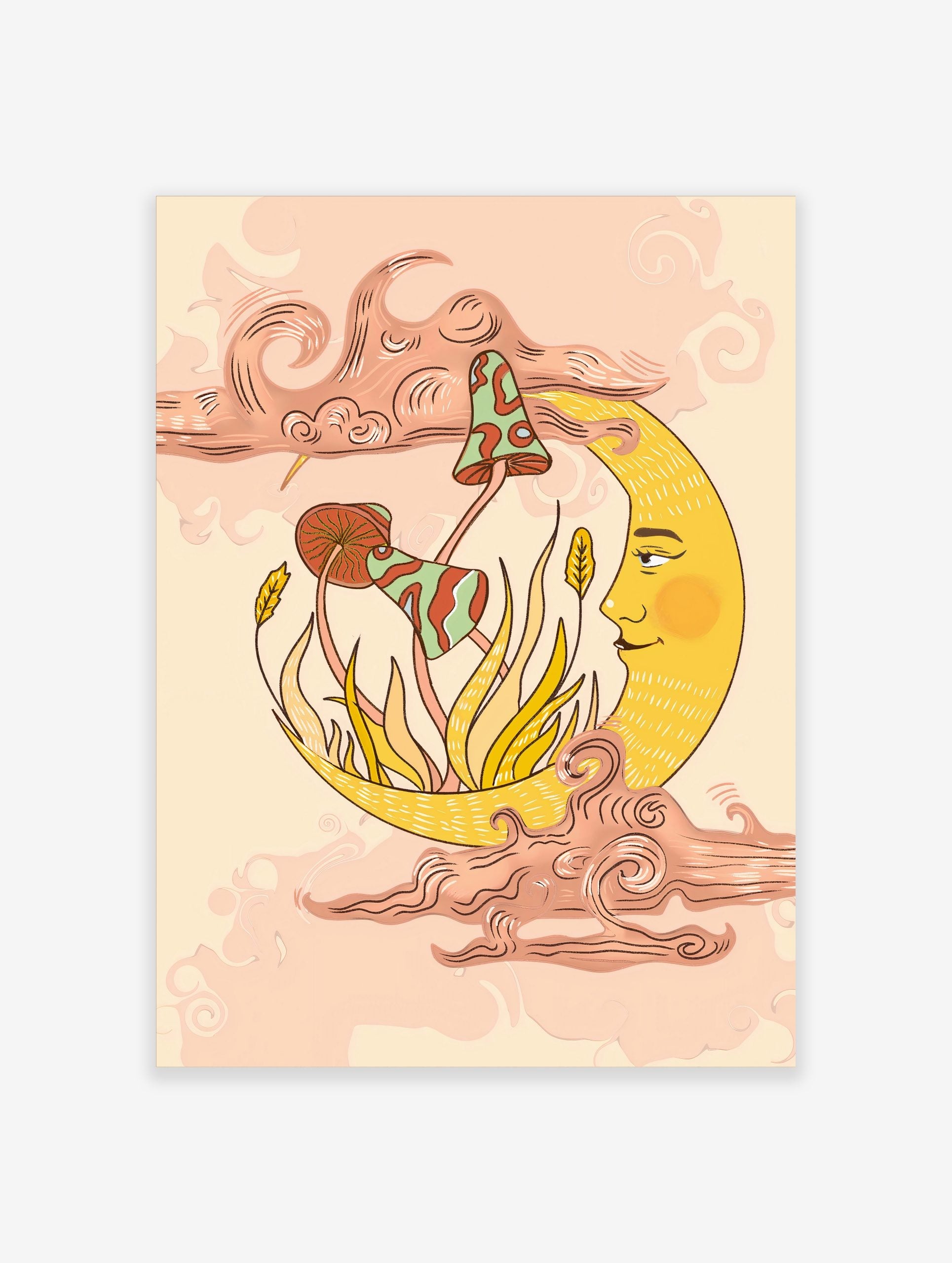 Celestial crescent moon with a face holding whimsical mushrooms and plants, surrounded by stylized clouds