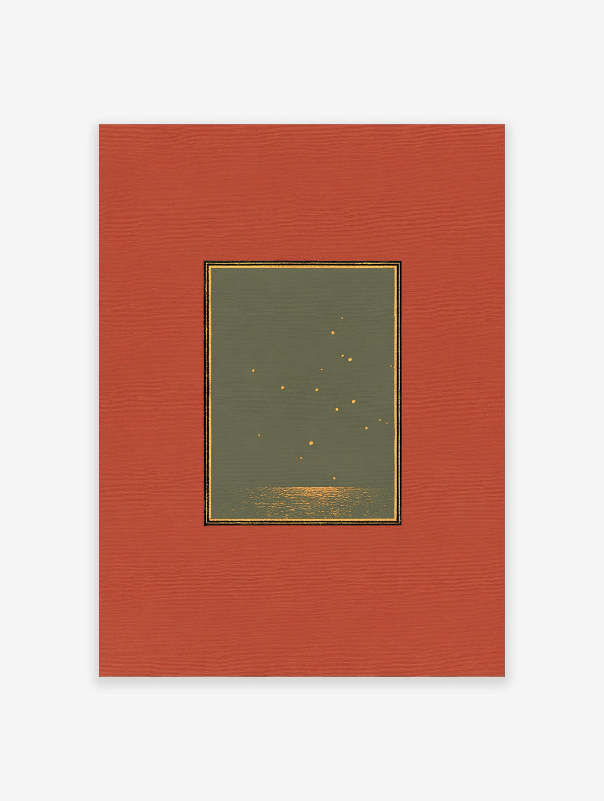 Celestial Wall Art print with golden stars over dark water, matted in green with a gold border and wide terracotta mat.
