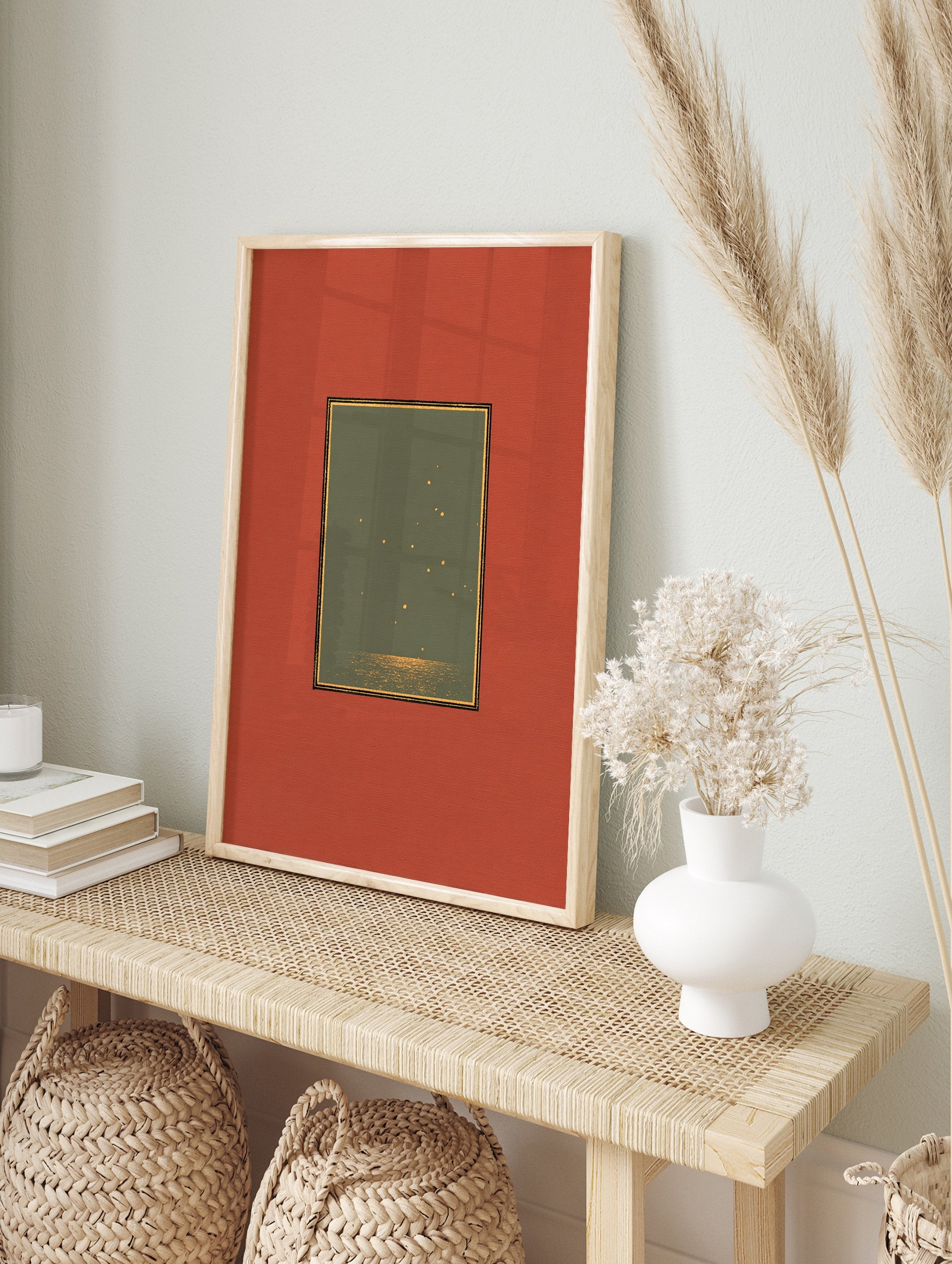 Celestial Wall Art print with golden stars over dark water, matted in green with a gold border and wide terracotta mat. - Image 3