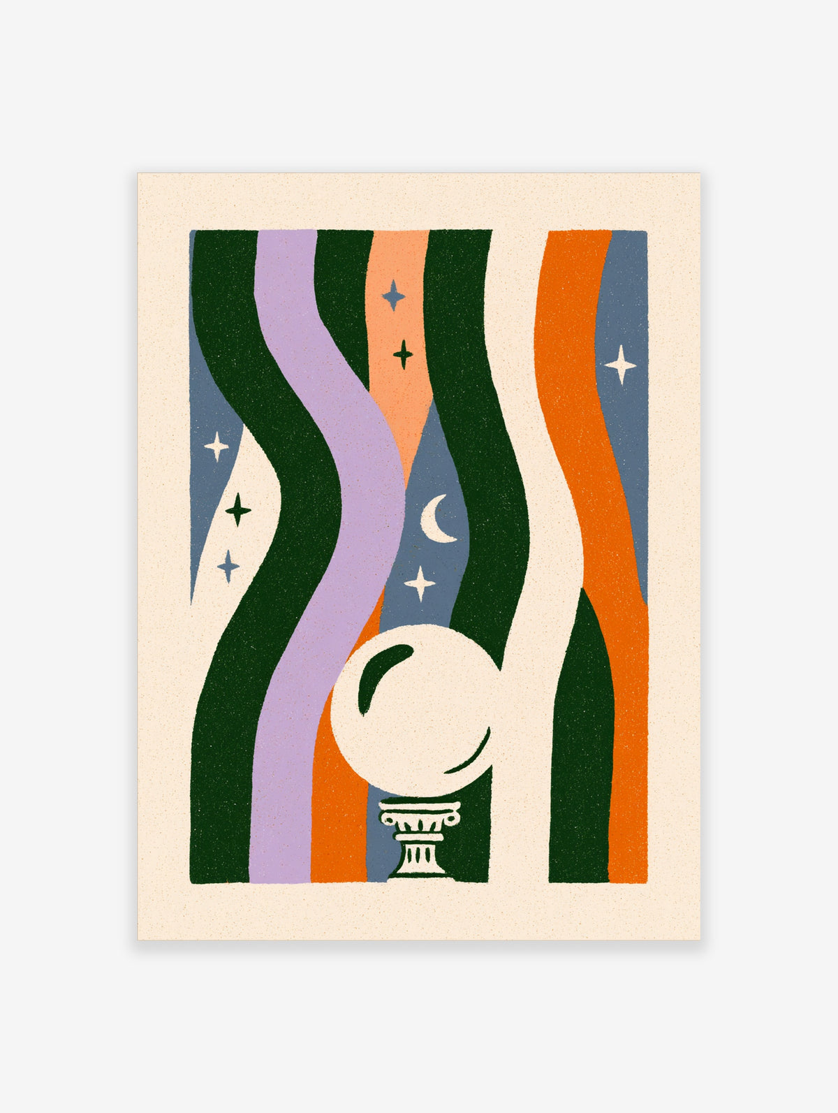 Abstract celestial orb poster with wavy stripes, stars, and moon in green, purple, and orange
