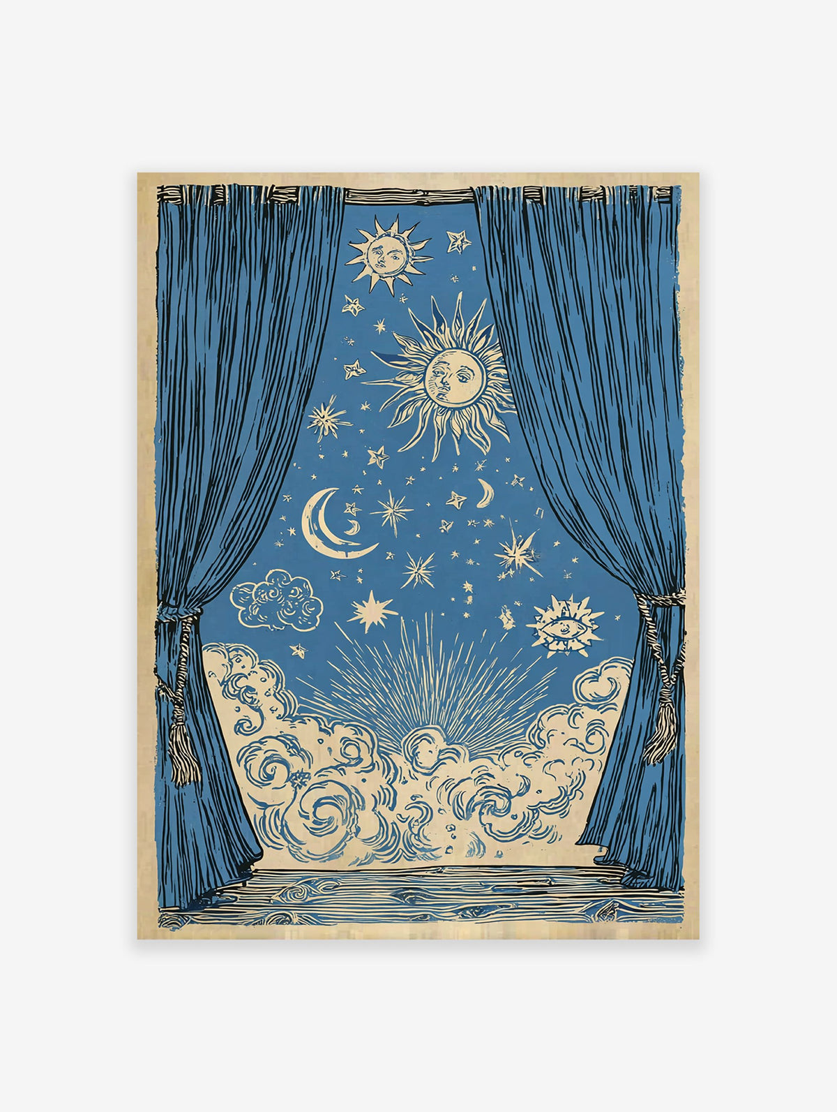 Celestial poster showing blue curtains open to a mystical night sky with sun, moon, stars, clouds, and an eye symbol.