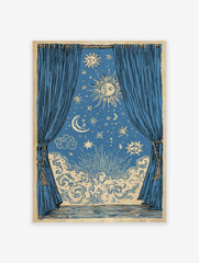 Celestial poster showing blue curtains open to a mystical night sky with sun, moon, stars, clouds, and an eye symbol.