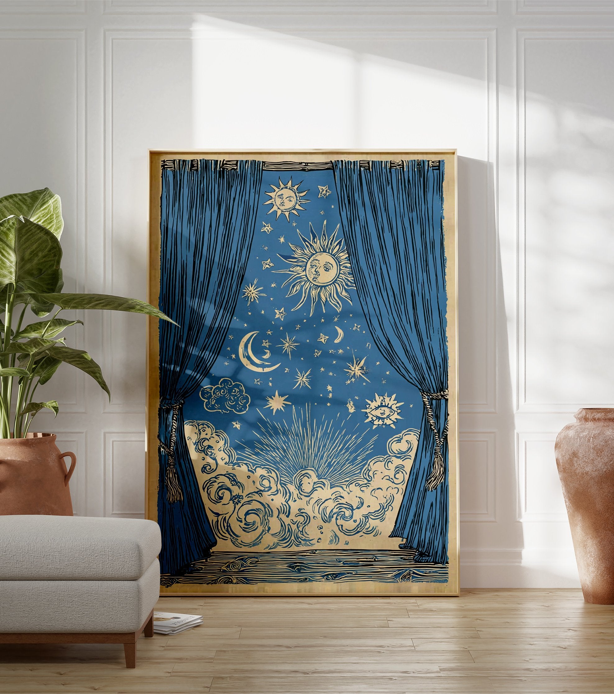 Celestial poster showing blue curtains open to a mystical night sky with sun, moon, stars, clouds, and an eye symbol. - Image 3
