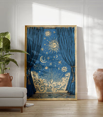 Celestial poster showing blue curtains open to a mystical night sky with sun, moon, stars, clouds, and an eye symbol. - Image 3