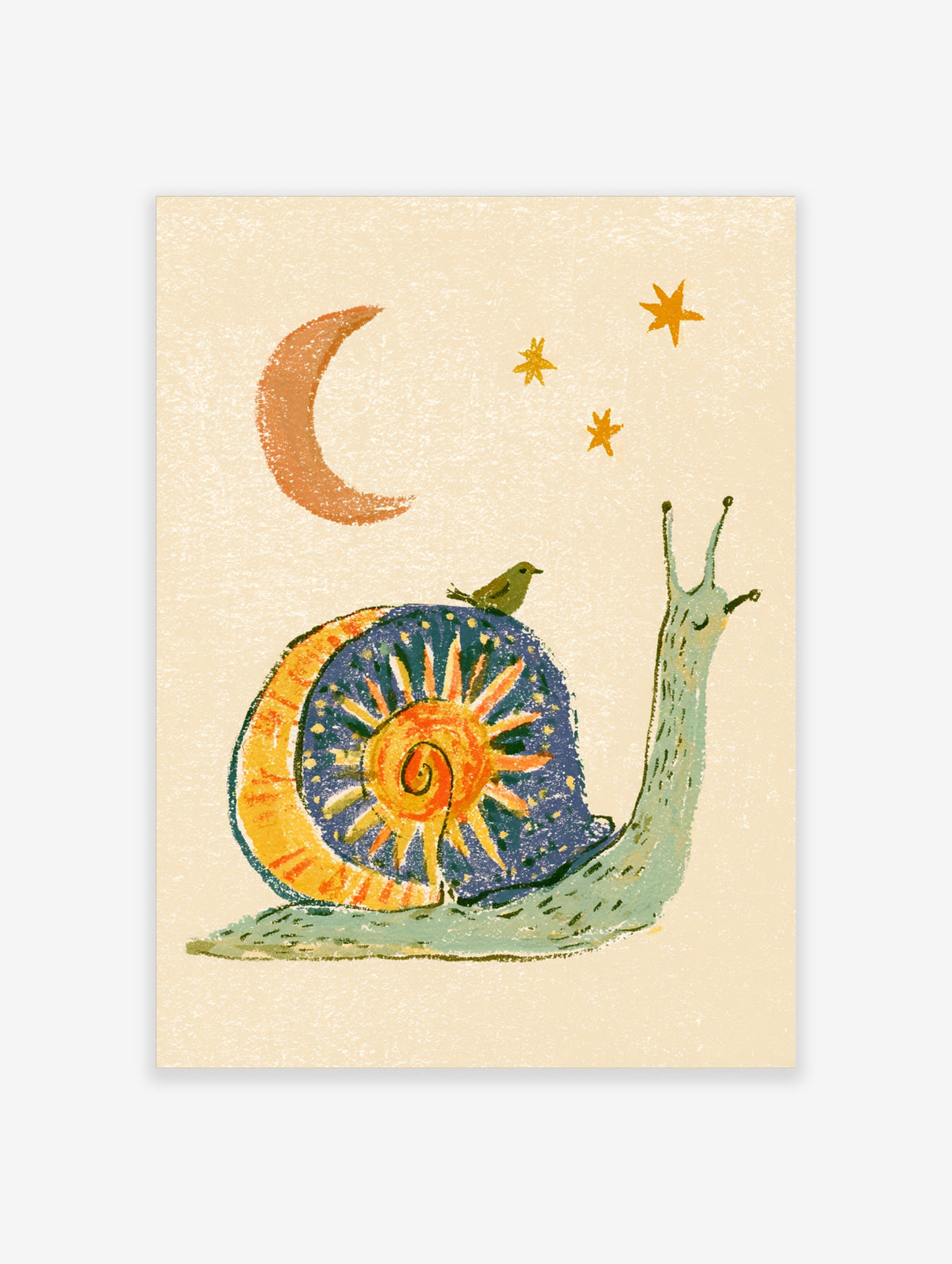 Celestial snail poster with sunburst shell, small bird, crescent moon, and stars on cream background