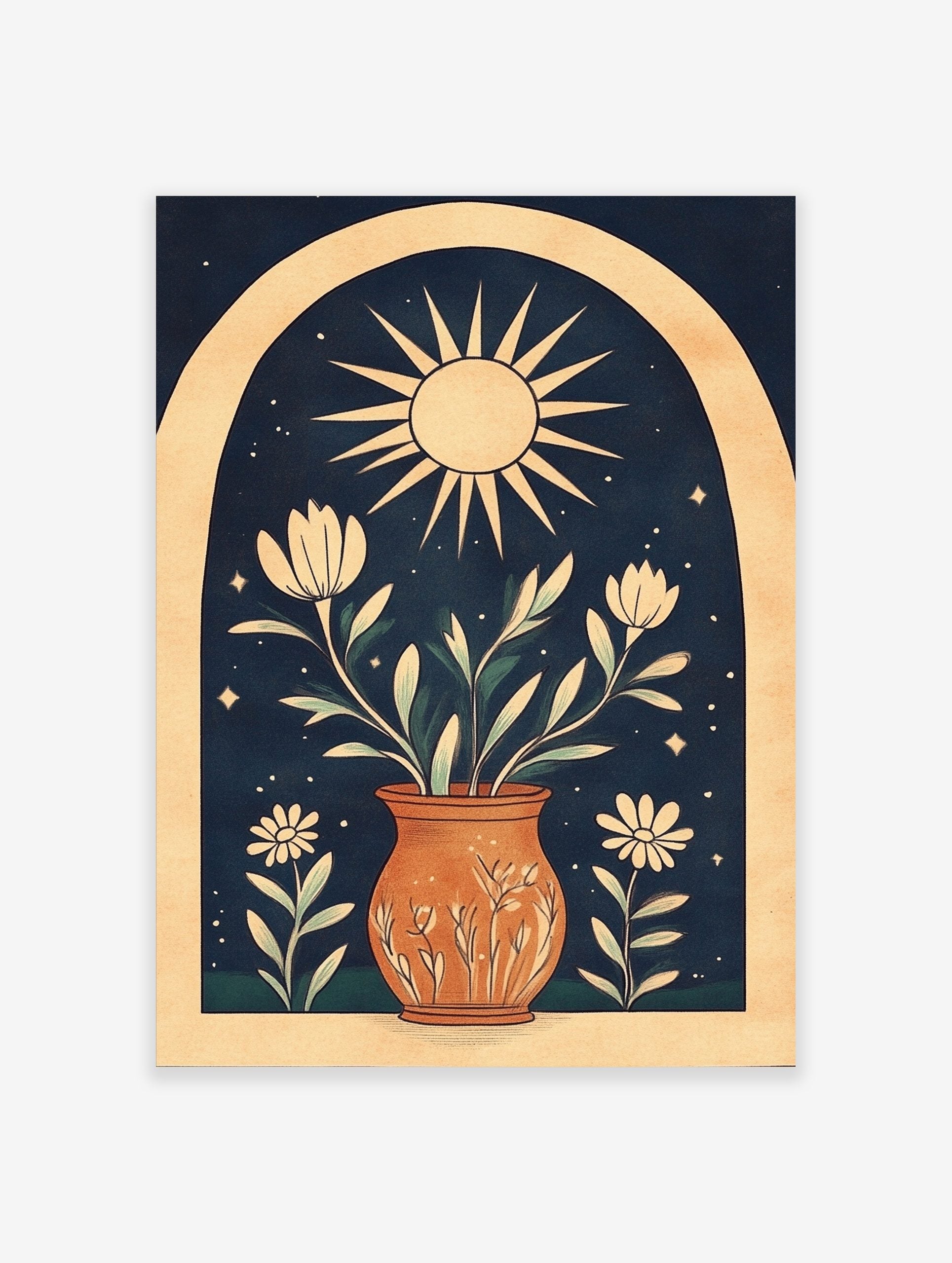 Illustrative wall art print with sun, potted white flowers, green leaves, stars, and arch on navy background