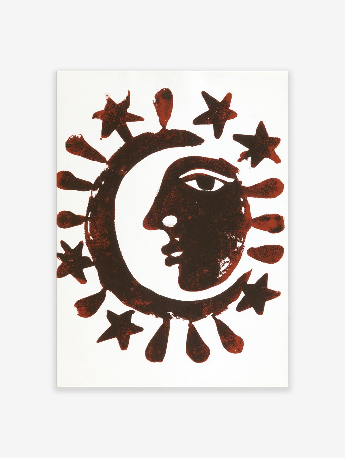 Rust red celestial sun and moon face poster with stars and teardrop rays on white